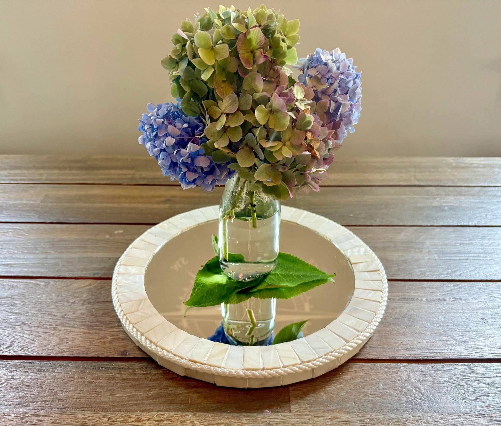 White Oyster Shell Inlay Round Mirror, as in Bone Mirror; For Wall or TableTop, Handmade - 10