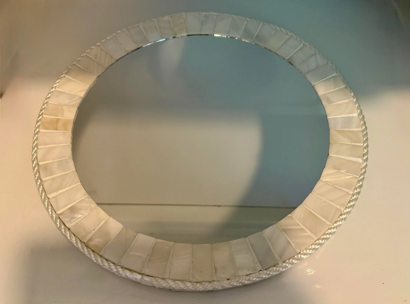 White Oyster Shell Inlay Round Mirror, as in Bone Mirror; For Wall or TableTop, Handmade - 11
