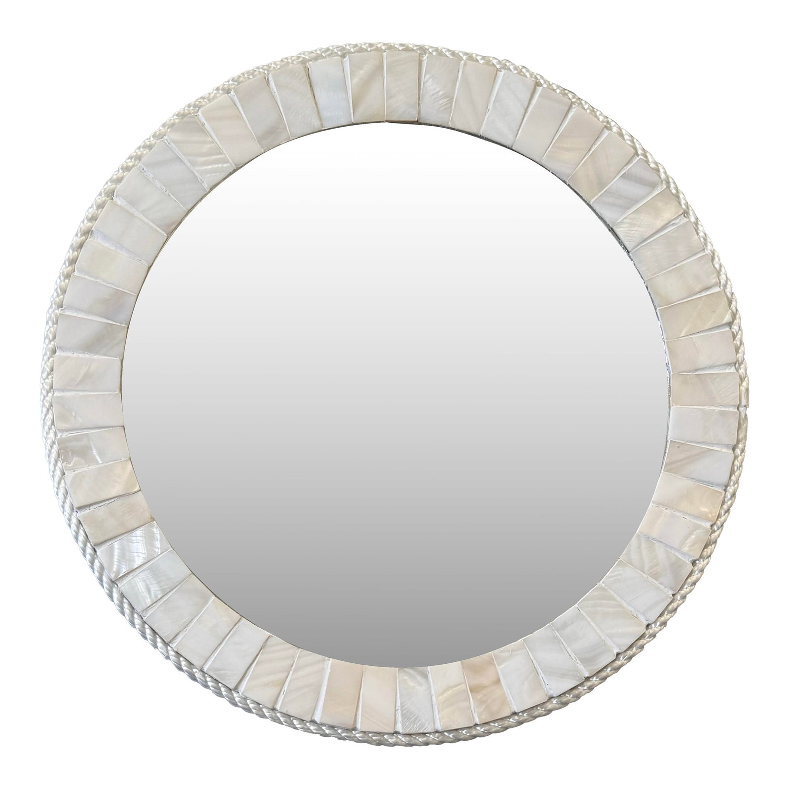 White Oyster Shell Inlay Round Mirror, as in Bone Mirror; For Wall or TableTop, Handmade: This handmade unique round mirror, framed with genuine mother of pearl will elevate any space. The iridescent shimmer of pearl is a step up from similar bone mirrors that are popular. This finish