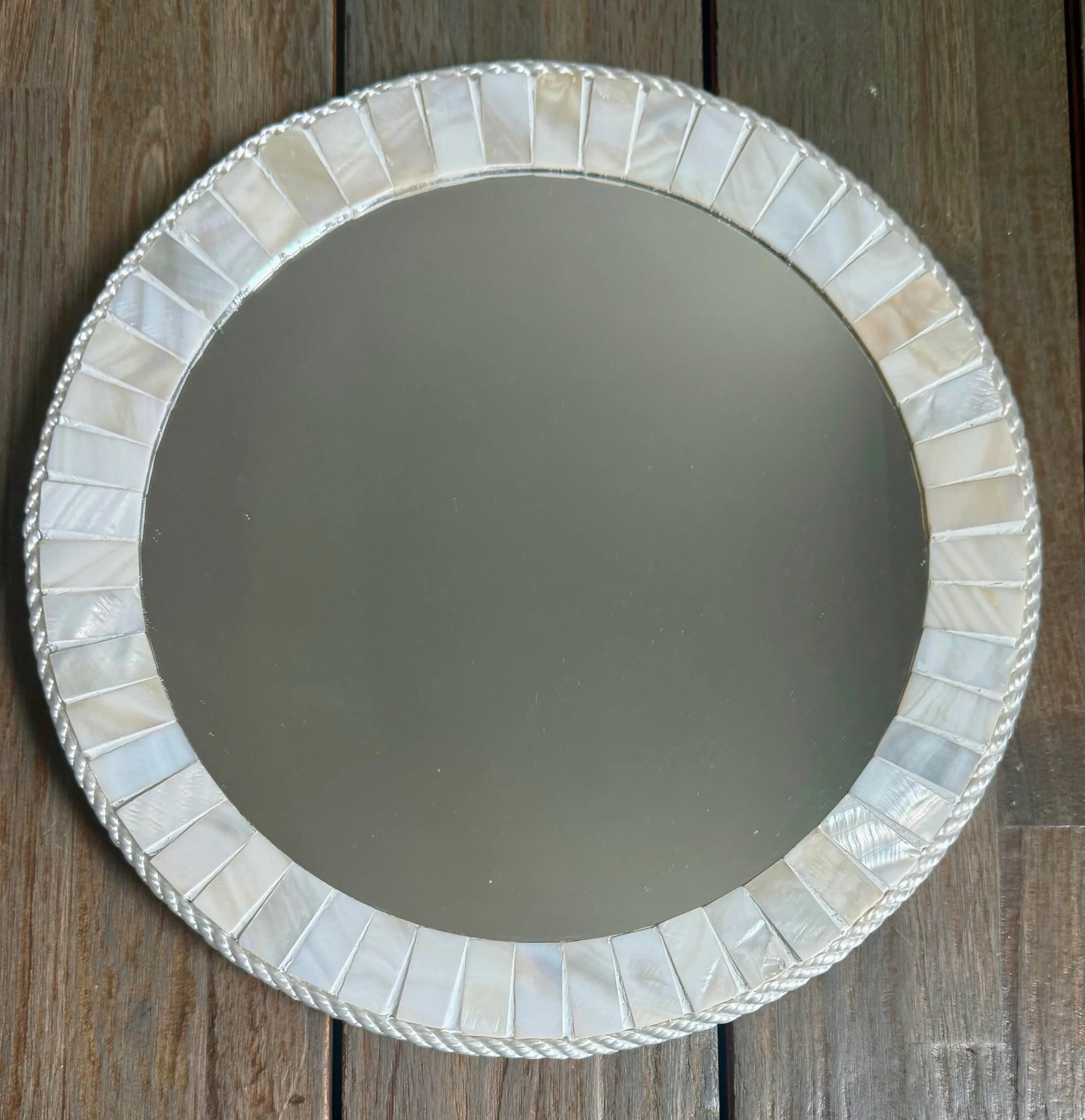 White Oyster Shell Inlay Round Mirror, as in Bone Mirror; For Wall or TableTop, Handmade - 2