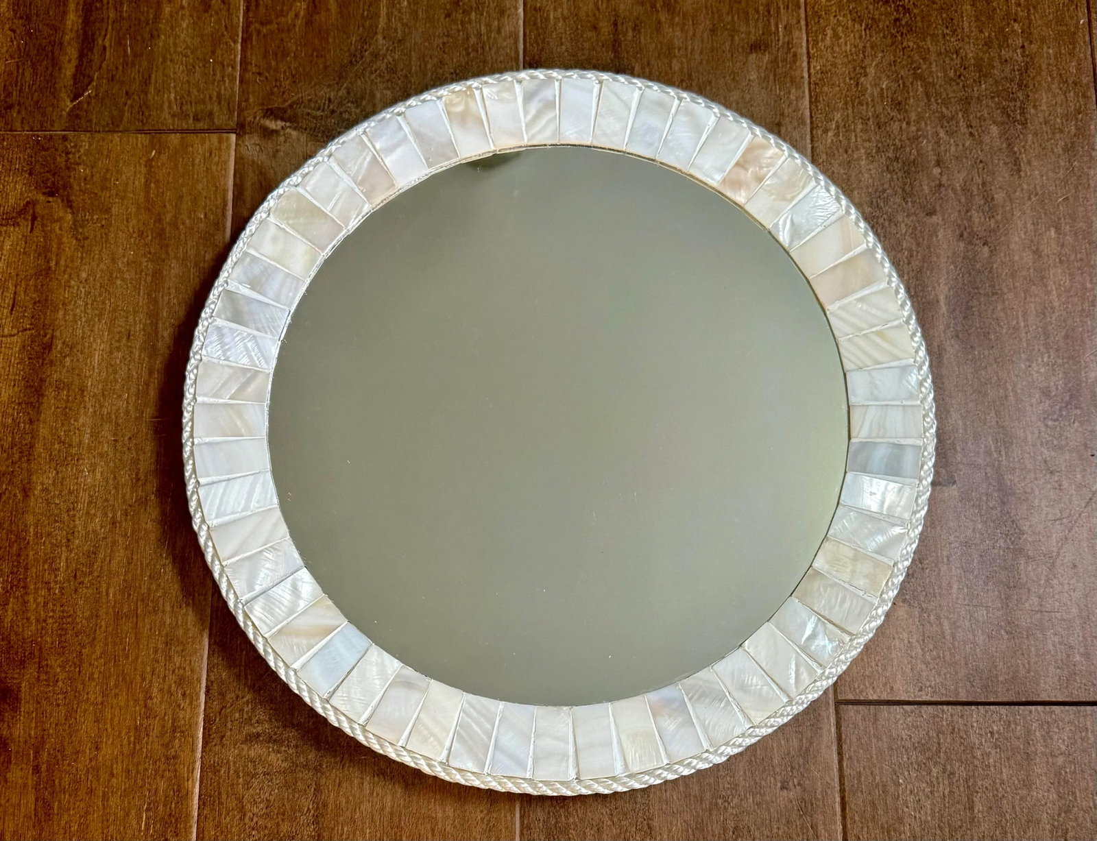 White Oyster Shell Inlay Round Mirror, as in Bone Mirror; For Wall or TableTop, Handmade - 3