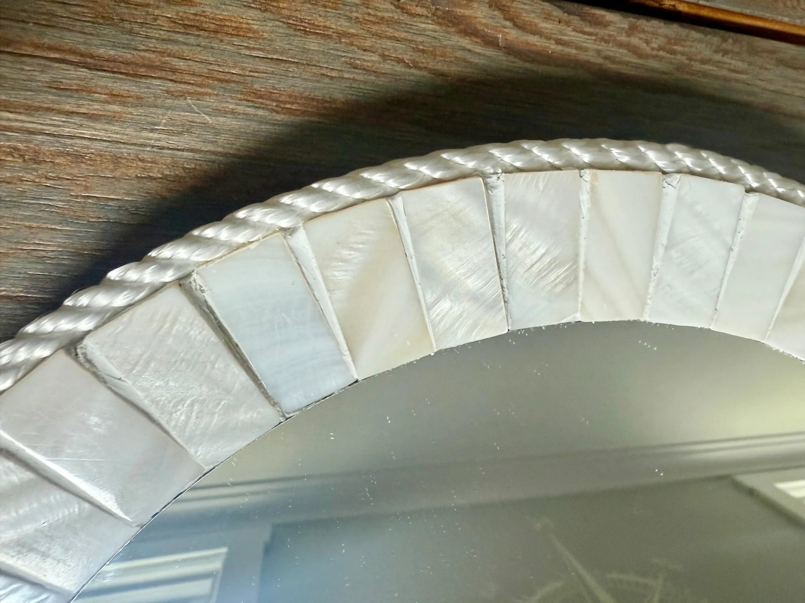 White Oyster Shell Inlay Round Mirror, as in Bone Mirror; For Wall or TableTop, Handmade - 4