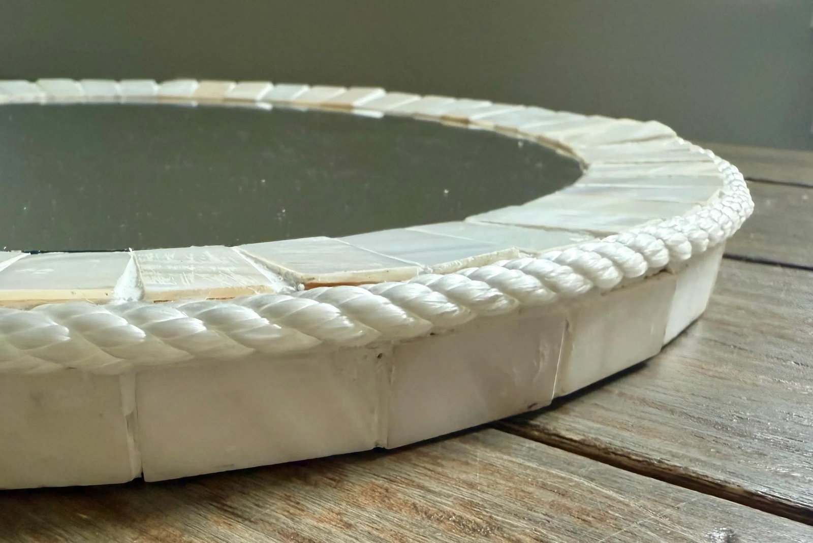 White Oyster Shell Inlay Round Mirror, as in Bone Mirror; For Wall or TableTop, Handmade - 5