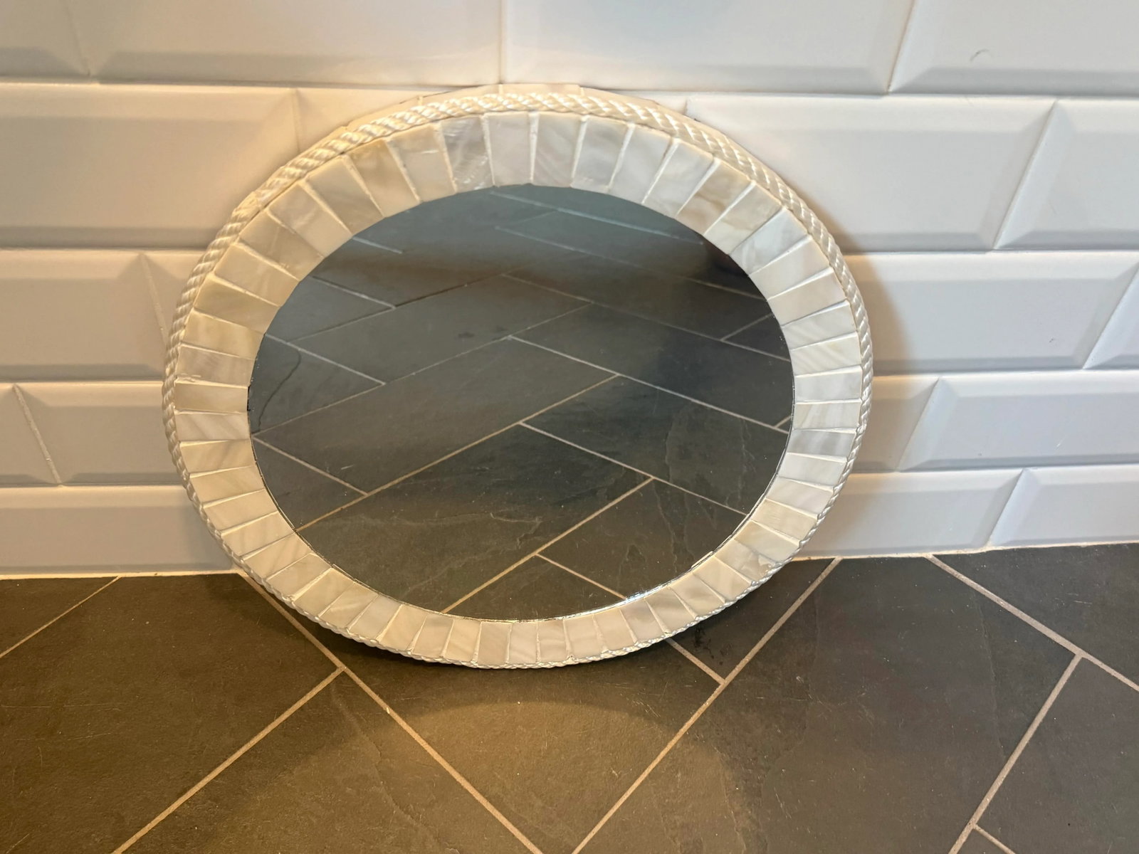 White Oyster Shell Inlay Round Mirror, as in Bone Mirror; For Wall or TableTop, Handmade - 6