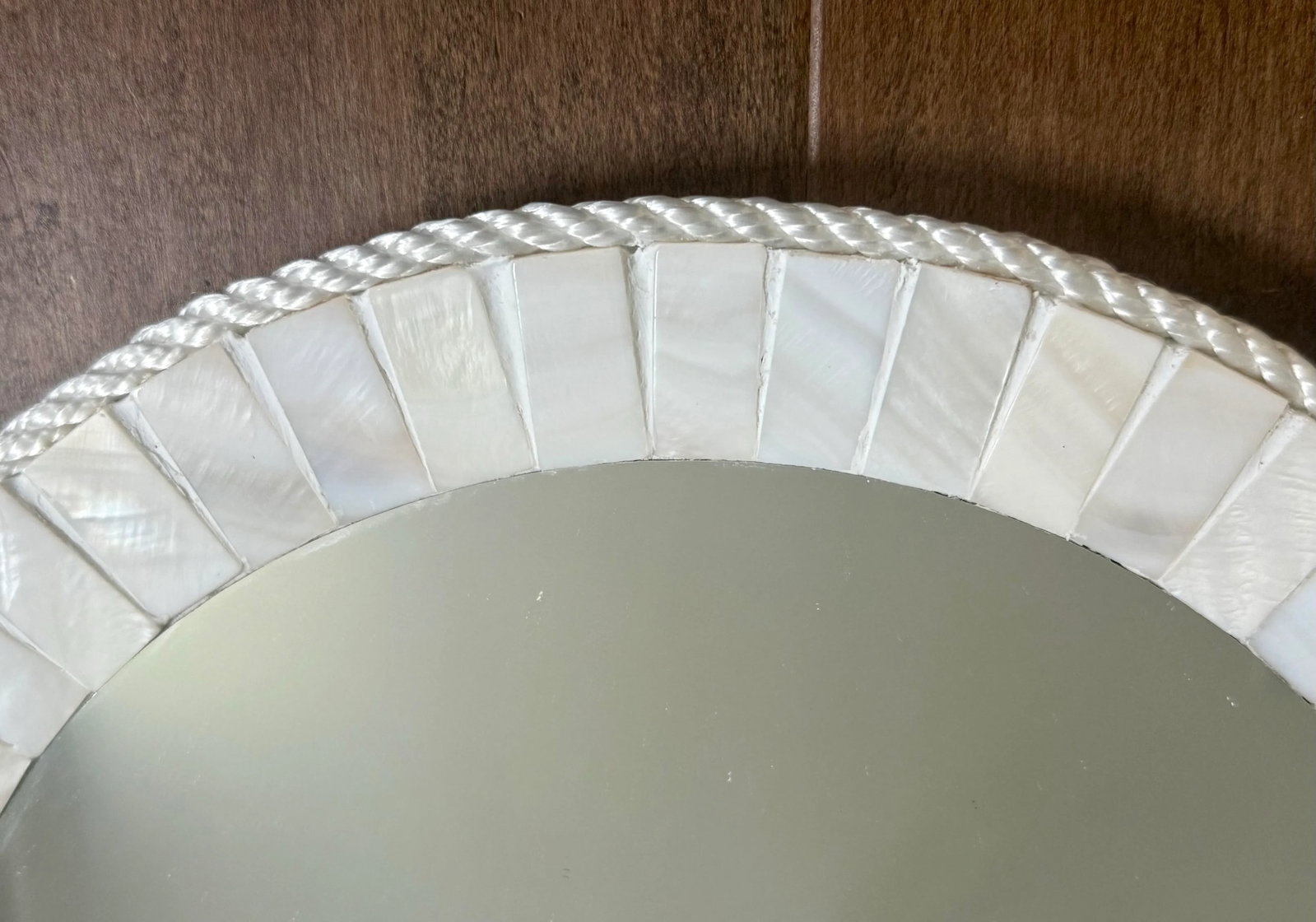 White Oyster Shell Inlay Round Mirror, as in Bone Mirror; For Wall or TableTop, Handmade - 7