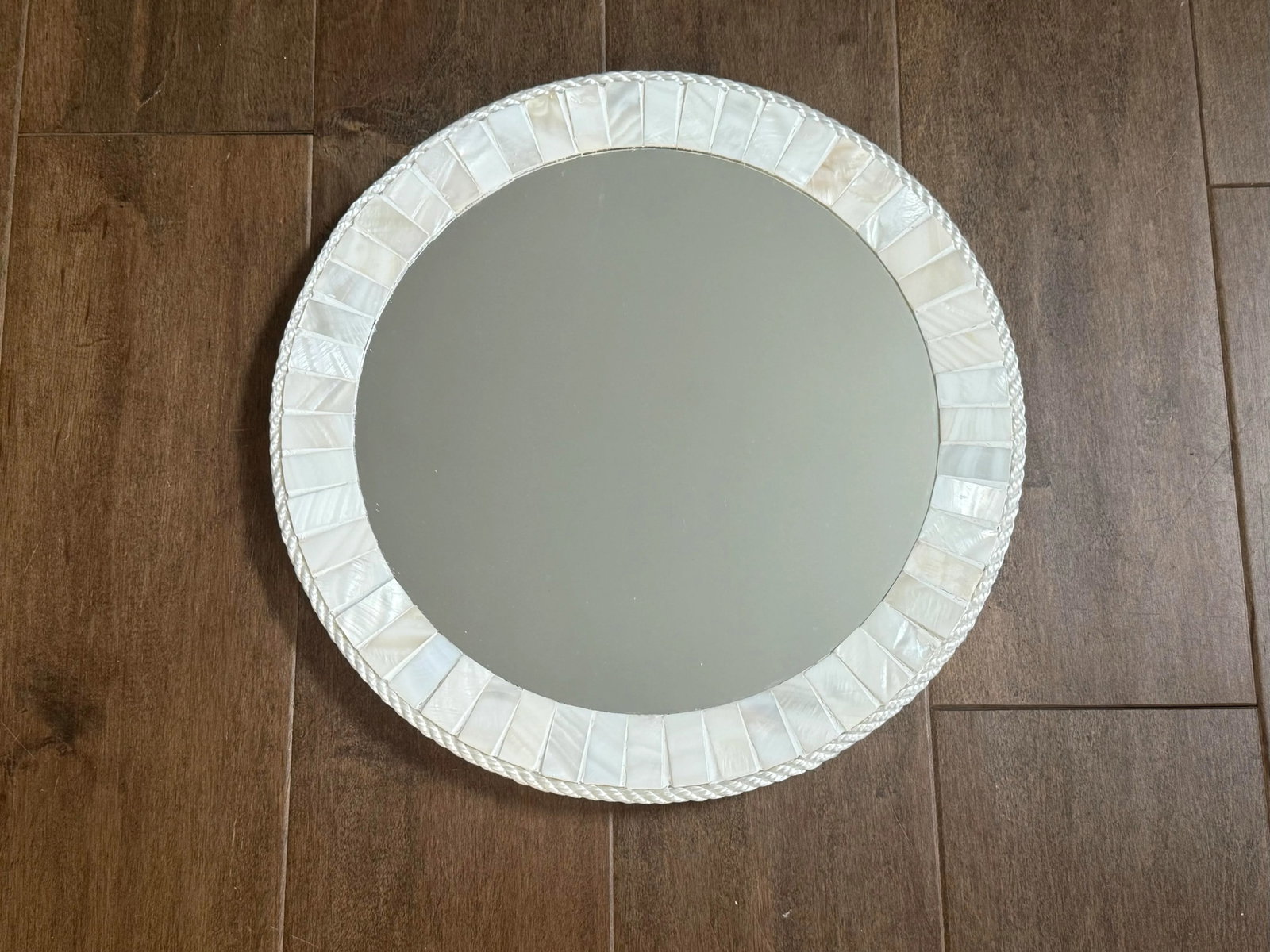 White Oyster Shell Inlay Round Mirror, as in Bone Mirror; For Wall or TableTop, Handmade - 9