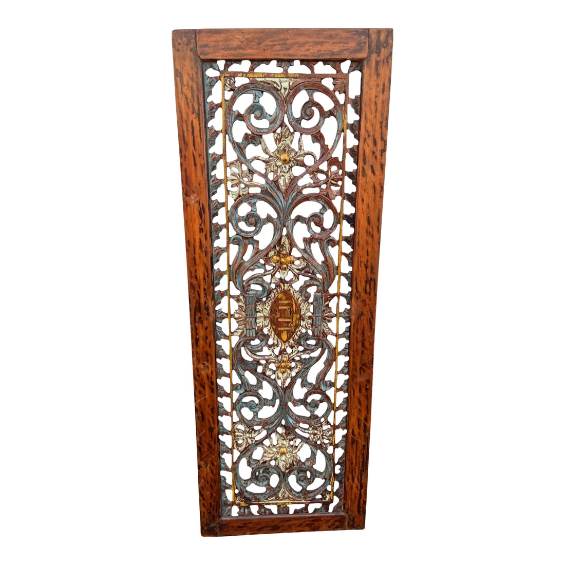 Antique Pierced Carved Wall Hanging Plaque: Nicely carved and painted decorative wall hanging. Has wire attached in back for hanging. Could have been a shutter door or window originally because there was a spot on the edge for a hinge.Not reall