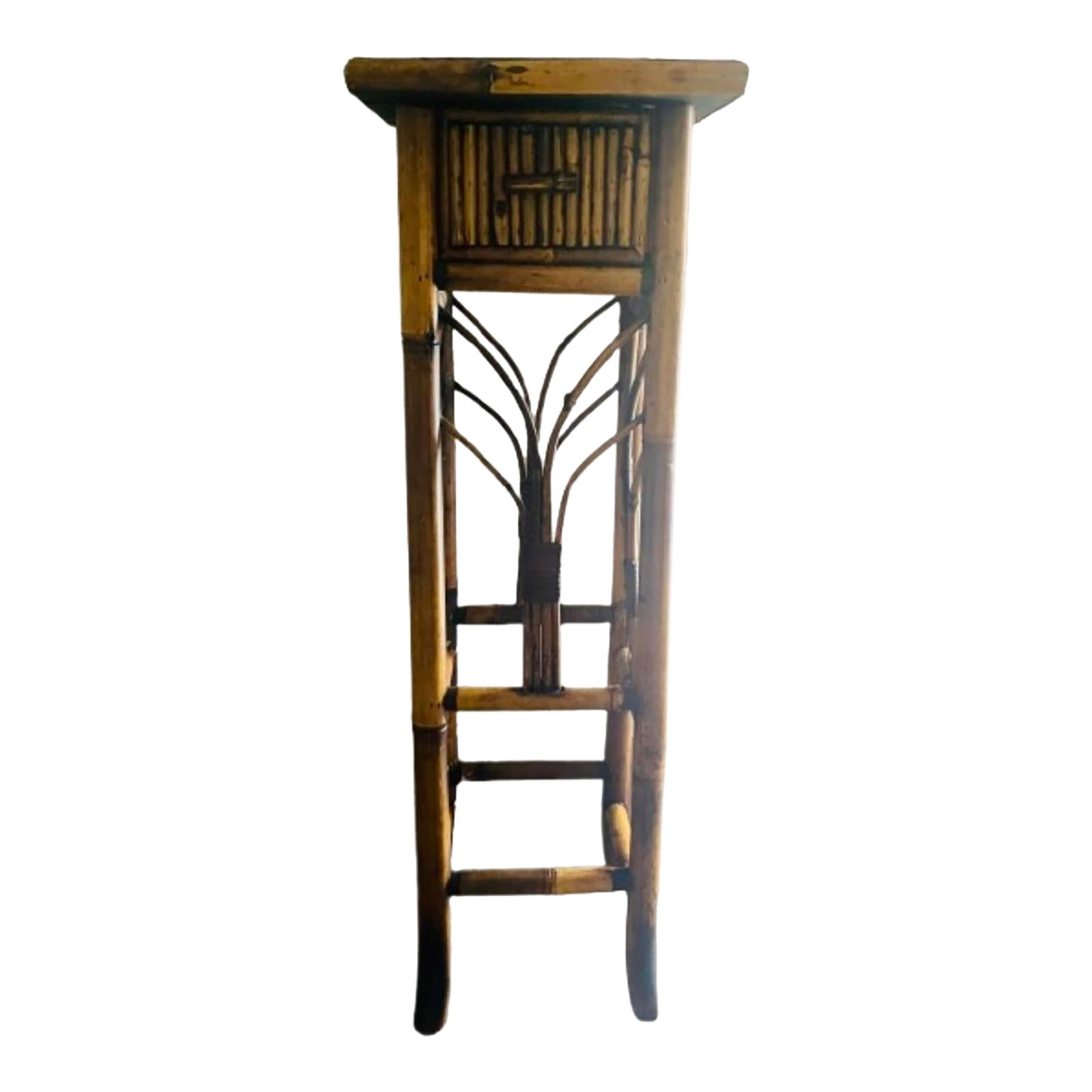 Vintage Tortoiseshell Rattan Plant Stand Side End Table With Drawer: The perfect piece for adding a timeless touch to any home. It can be used us a plant stand or side/end table for books, drinks, or other decorative objects. It features a split reed top, a functional 