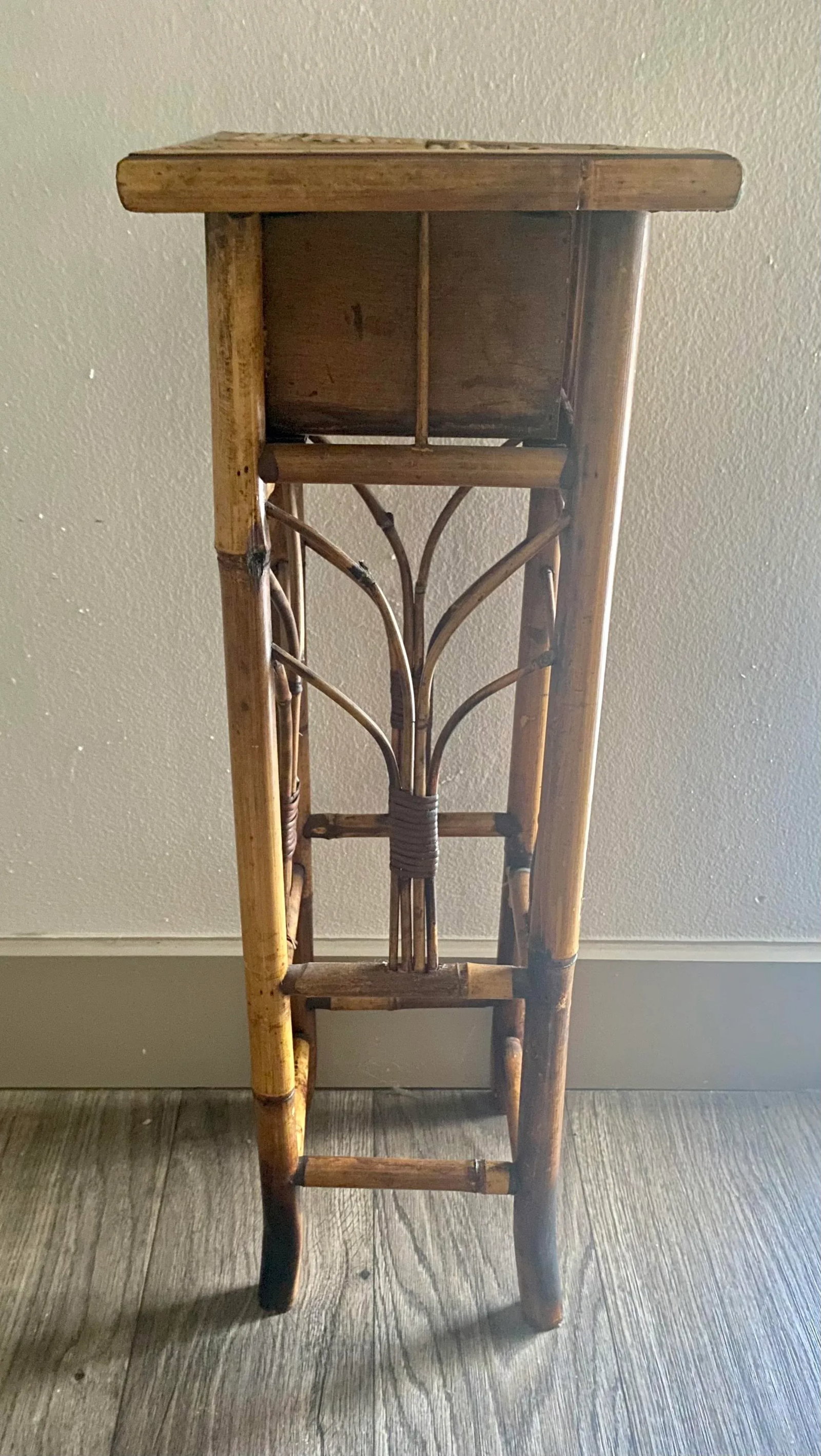Vintage Tortoiseshell Rattan Plant Stand Side End Table With Drawer - 6