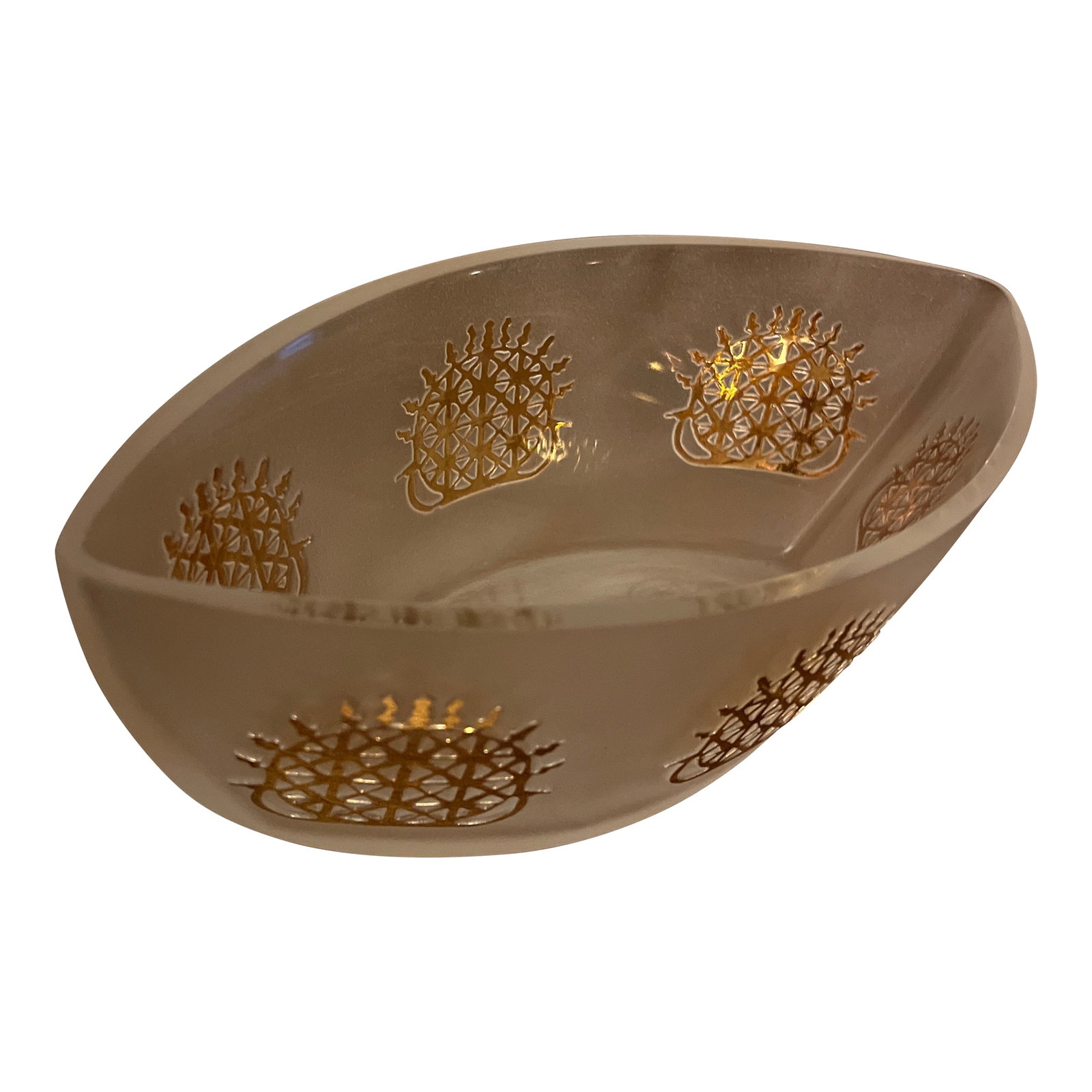 1990s Pasabahce Anatolian Collection Limited Edition Centerpiece Bowl: Pasabahce Turkish Art Glass 'Anatolian Collection' (ANADOLU MEDENIYETLERI KOLEKSIYONU) limited edition centerpiece bowl. Immaculate gold foil in an intricate Ottoman inspired design. The design is the