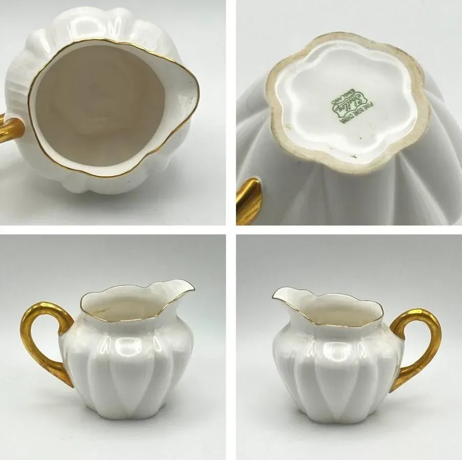 Mid 20th Century Shelley White & Gold Regency Dainty 4-Piece Tea Set With 4-Cup Teapot, Sugar, Cream - 12
