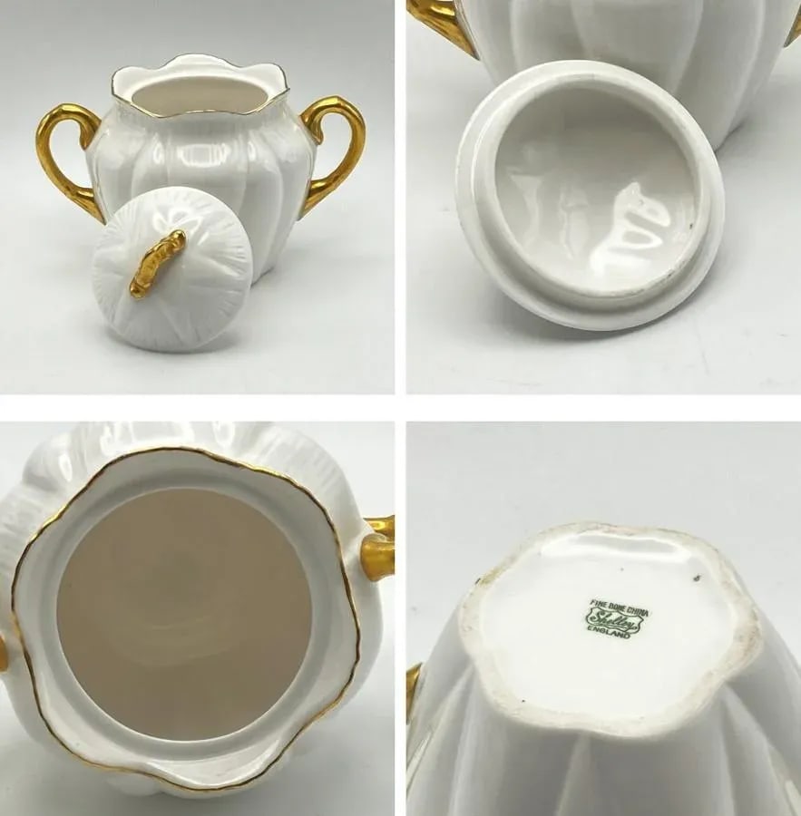 Mid 20th Century Shelley White & Gold Regency Dainty 4-Piece Tea Set With 4-Cup Teapot, Sugar, Cream - 14