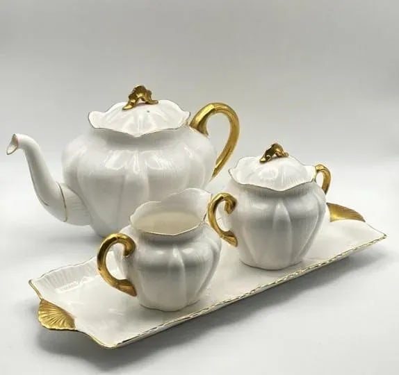 Mid 20th Century Shelley White & Gold Regency Dainty 4-Piece Tea Set With 4-Cup Teapot, Sugar, Cream - 18