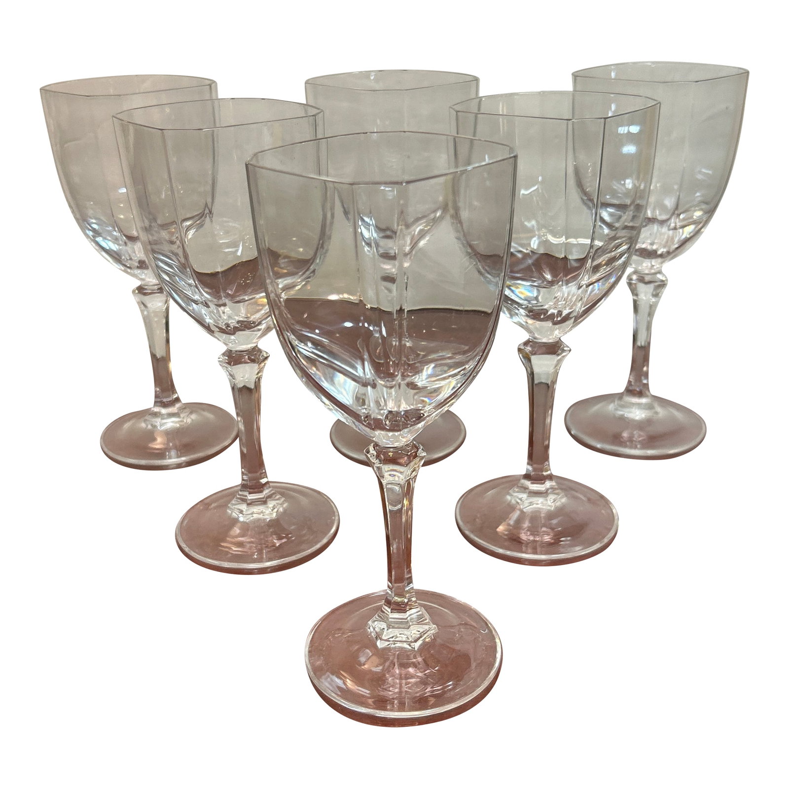 French Angular Stemmed Crystal Glasses Set of 6: Set of 6 French crystal wine glasses. They have an angular design, soft squared edges. Very attractive and feel great in the hand. Condition: Alterations: Original Condition Unaltered Imperfections: S