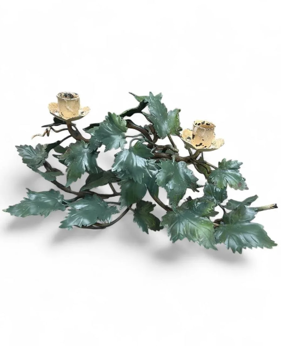 Pair of Mid-Century Italian Hand Painted Tole Vine 2-Cup Candleholders. - 11