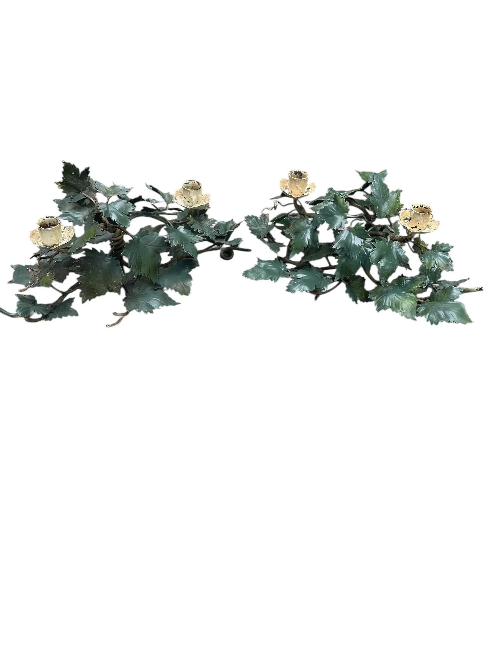 Pair of Mid-Century Italian Hand Painted Tole Vine 2-Cup Candleholders. - 12