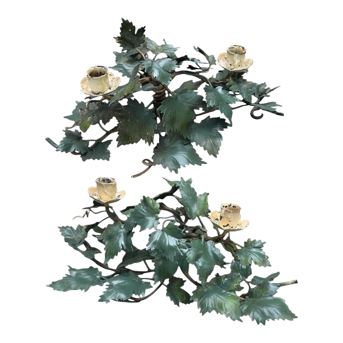 Pair of Mid-Century Italian Hand Painted Tole Vine 2-Cup Candleholders. (1 of 15)