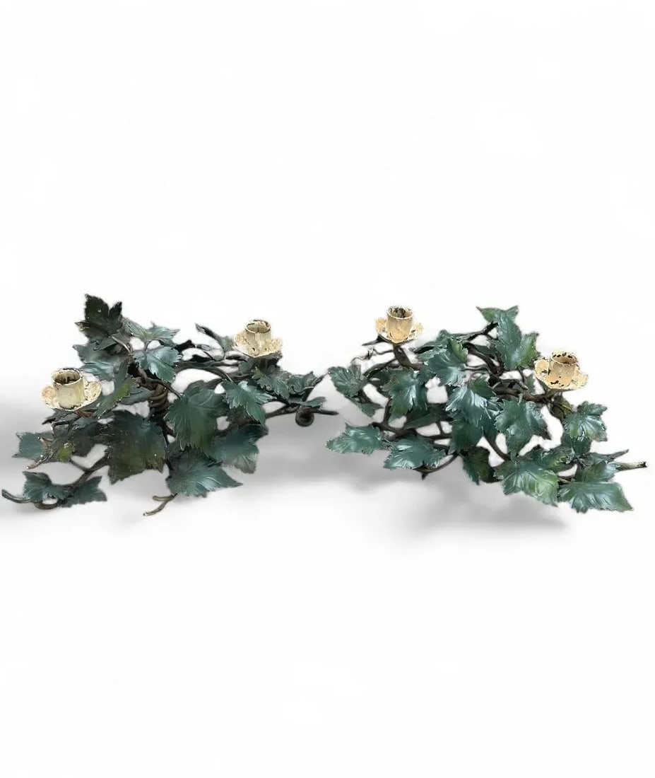 Pair of Mid-Century Italian Hand Painted Tole Vine 2-Cup Candleholders. - 2