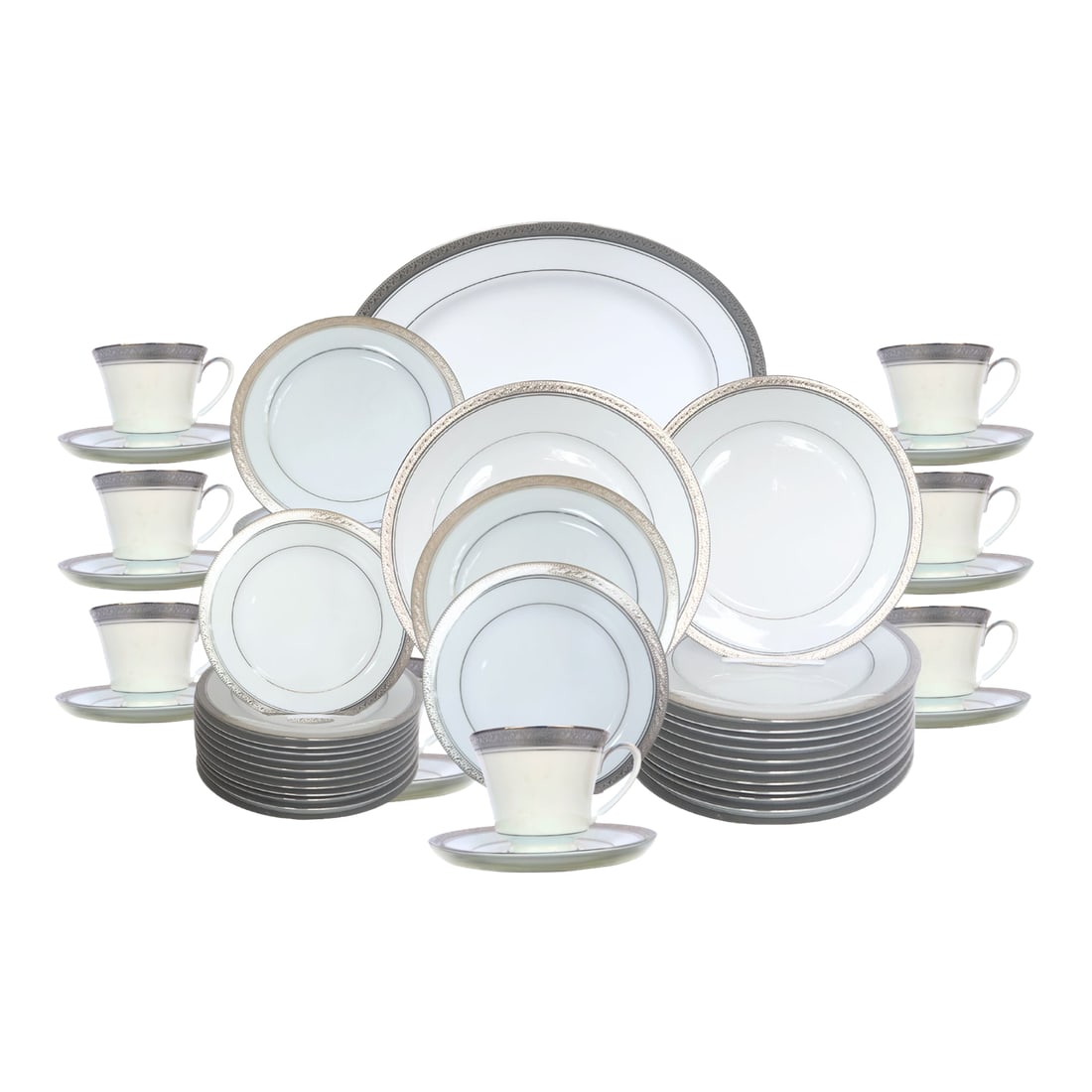 Vintage Noritake Crestwood Platinum China Set - 61 Pieces - Service for 12 - Legendary Line: A complete and luminous formal dining set, this 61-piece Crestwood Platinum china collection by Legendary Noritake offers timeless elegance and quiet luxury. Featuring a platinum band, inner ring,