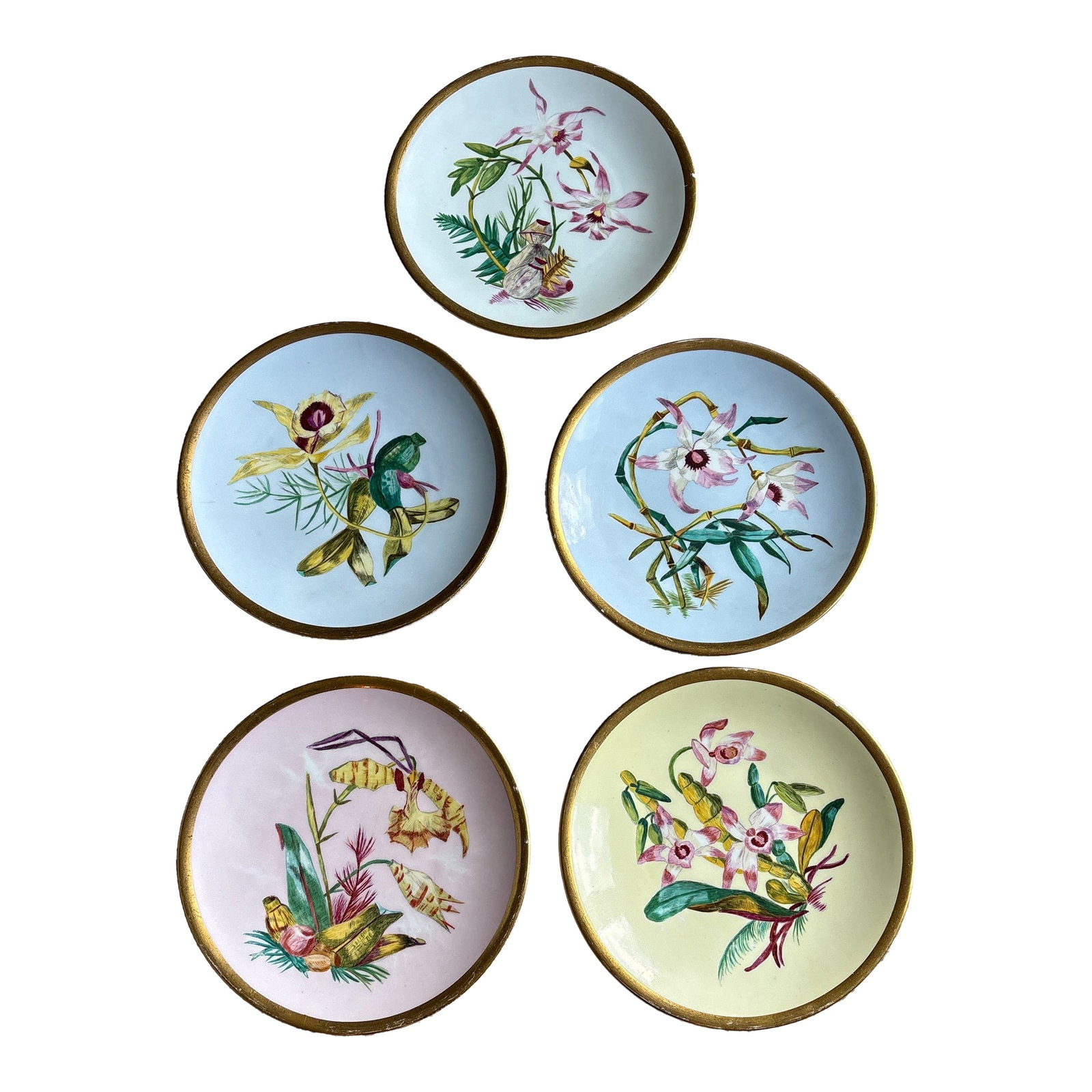 Late 19th Century Set of 5 Orchid Plates by Royal Crown Derby: 5 beautiful orchid plates by Royal Crown Derby and signed H.L.W., presumably, H.L. Wilson and dated 1884. Perfect for a plate wall. Pink plate has been repaired. All are in beautiful condition. Condit