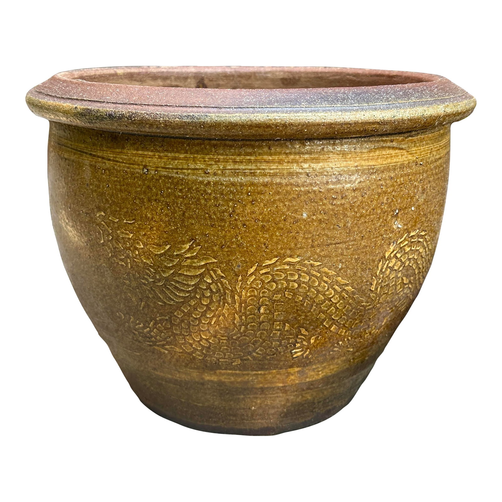 19th C. Thai Glazed Earthenware Dragon Jar With Planter Pot Jardiniere: Add a touch of timeless chinoiserie character to your garden, patio, or home decor with this striking vintage ceramic planter. Finished in a warm earthy brown glaze, it features an embossed dragon