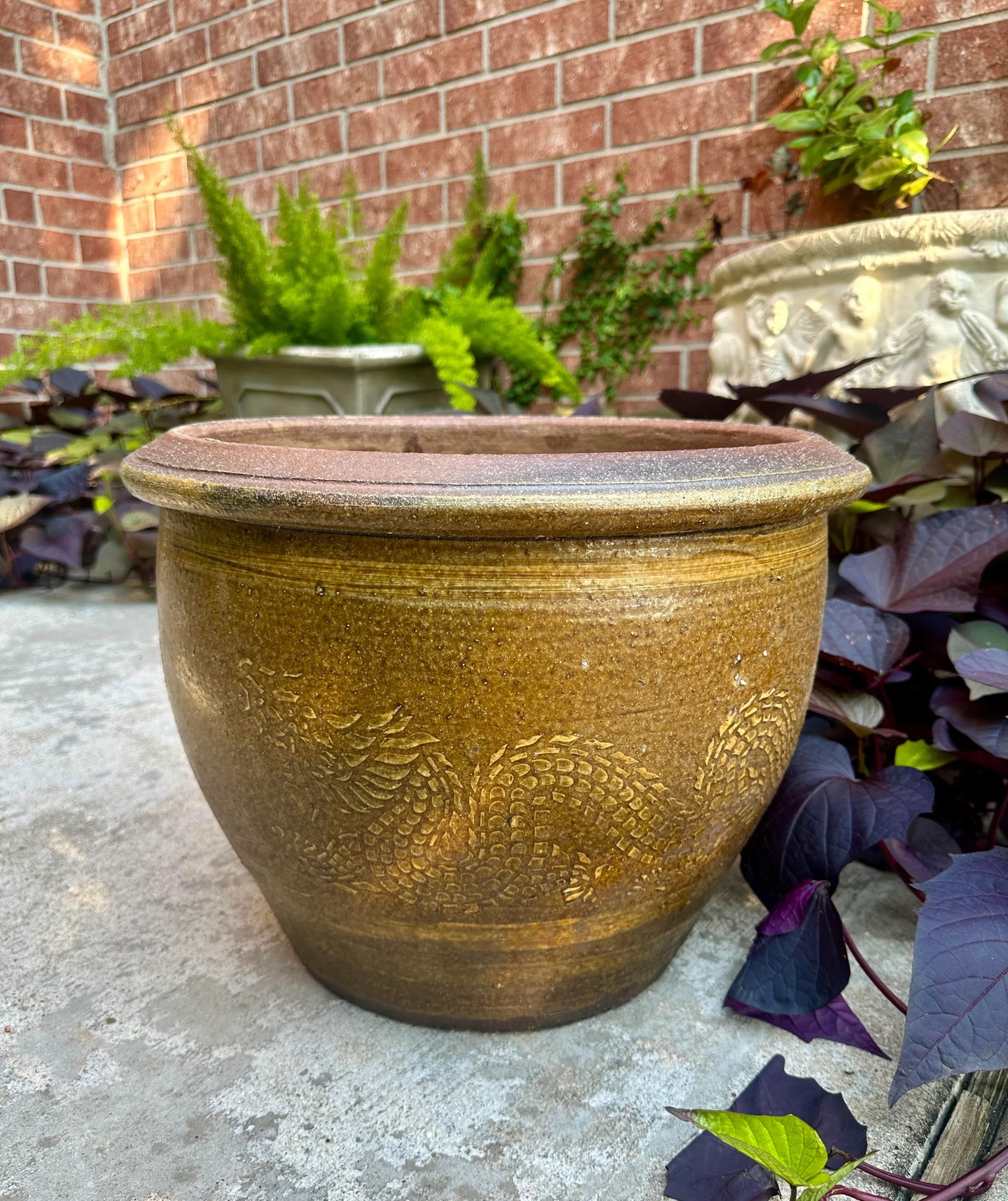 19th C. Thai Glazed Earthenware Dragon Jar With Planter Pot Jardiniere - 2