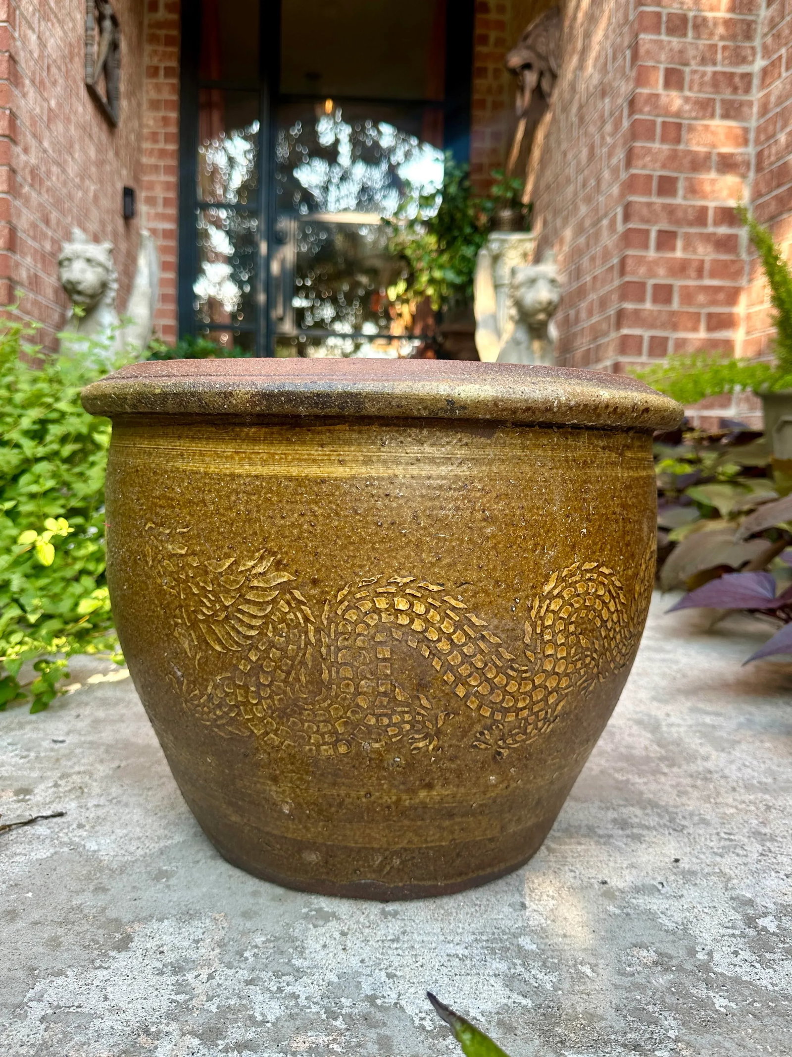 19th C. Thai Glazed Earthenware Dragon Jar With Planter Pot Jardiniere - 5