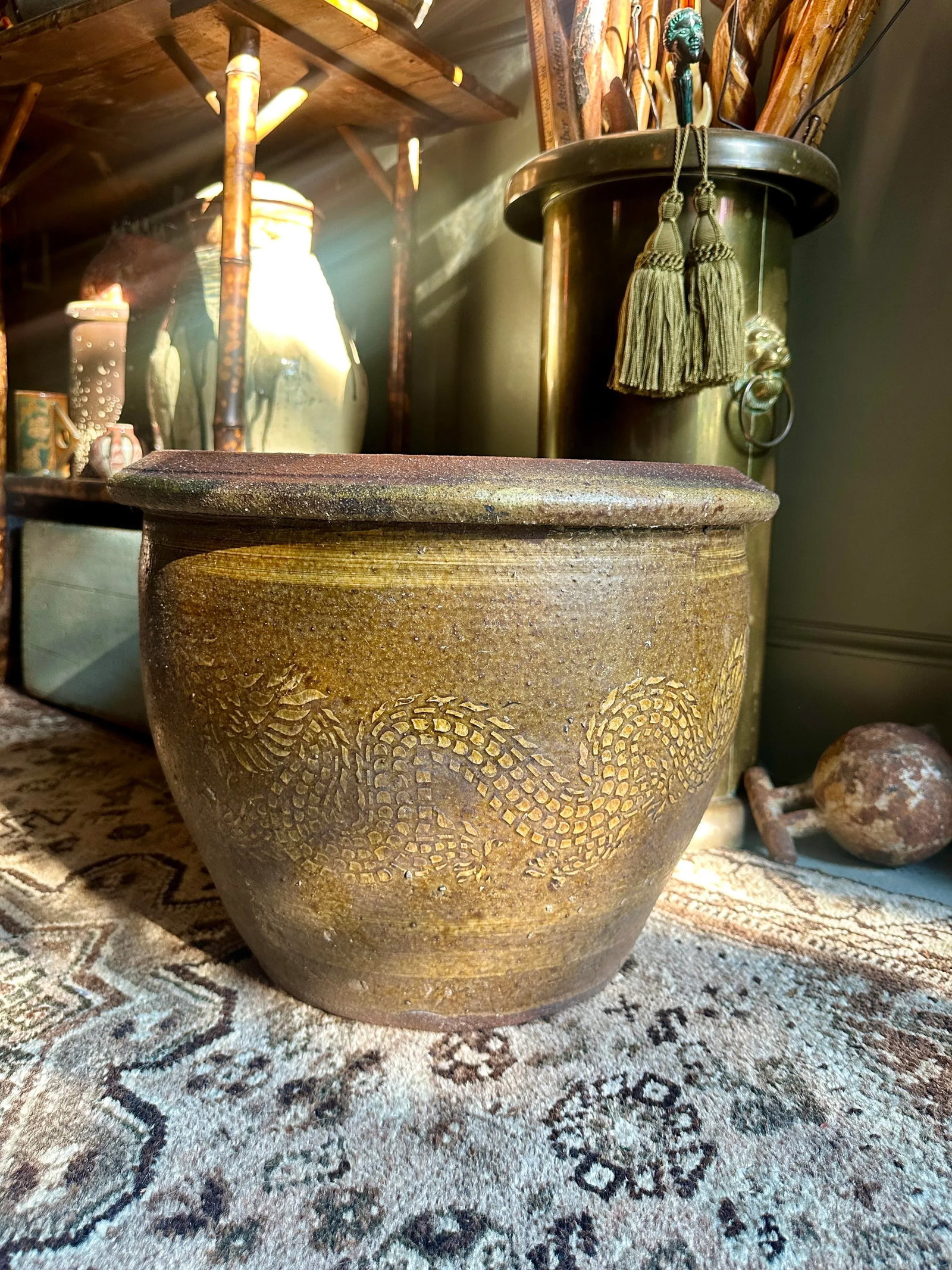 19th C. Thai Glazed Earthenware Dragon Jar With Planter Pot Jardiniere - 9
