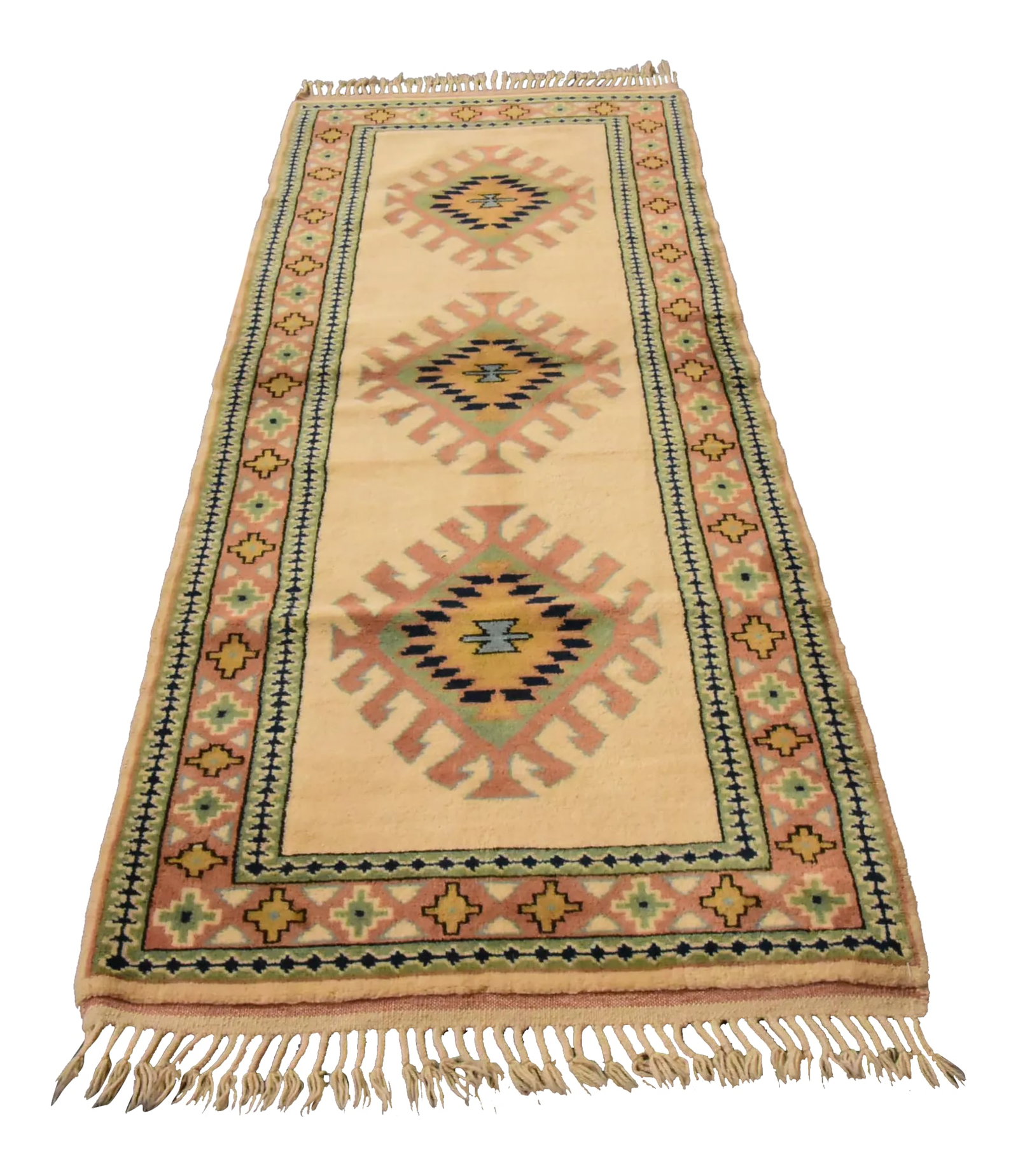 1980s Tribal Hand Knotted Cream Milas Runner Rug: Mid-Century Modern Handmade Wool Turkish Runner Rug 3x9 Ft. Size: 2.9 x 8.5 ft (90 x 260 cm) 35.5 x 102.5 inches Color: Yellow,Green,Beige,Black Material: 100% Wool Fast Shipping: Delivery in 3-5 Busi