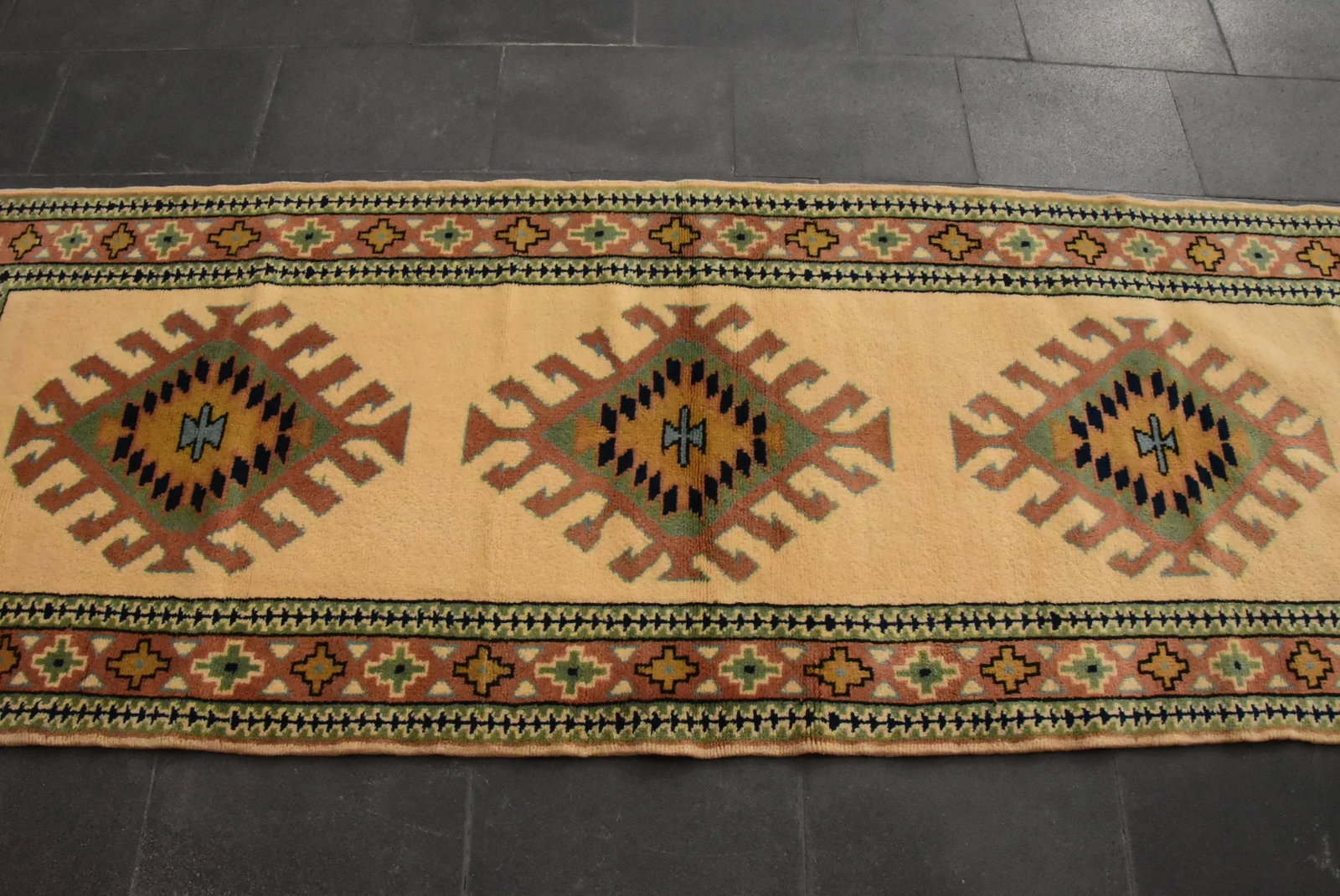 1980s Tribal Hand Knotted Cream Milas Runner Rug - 9
