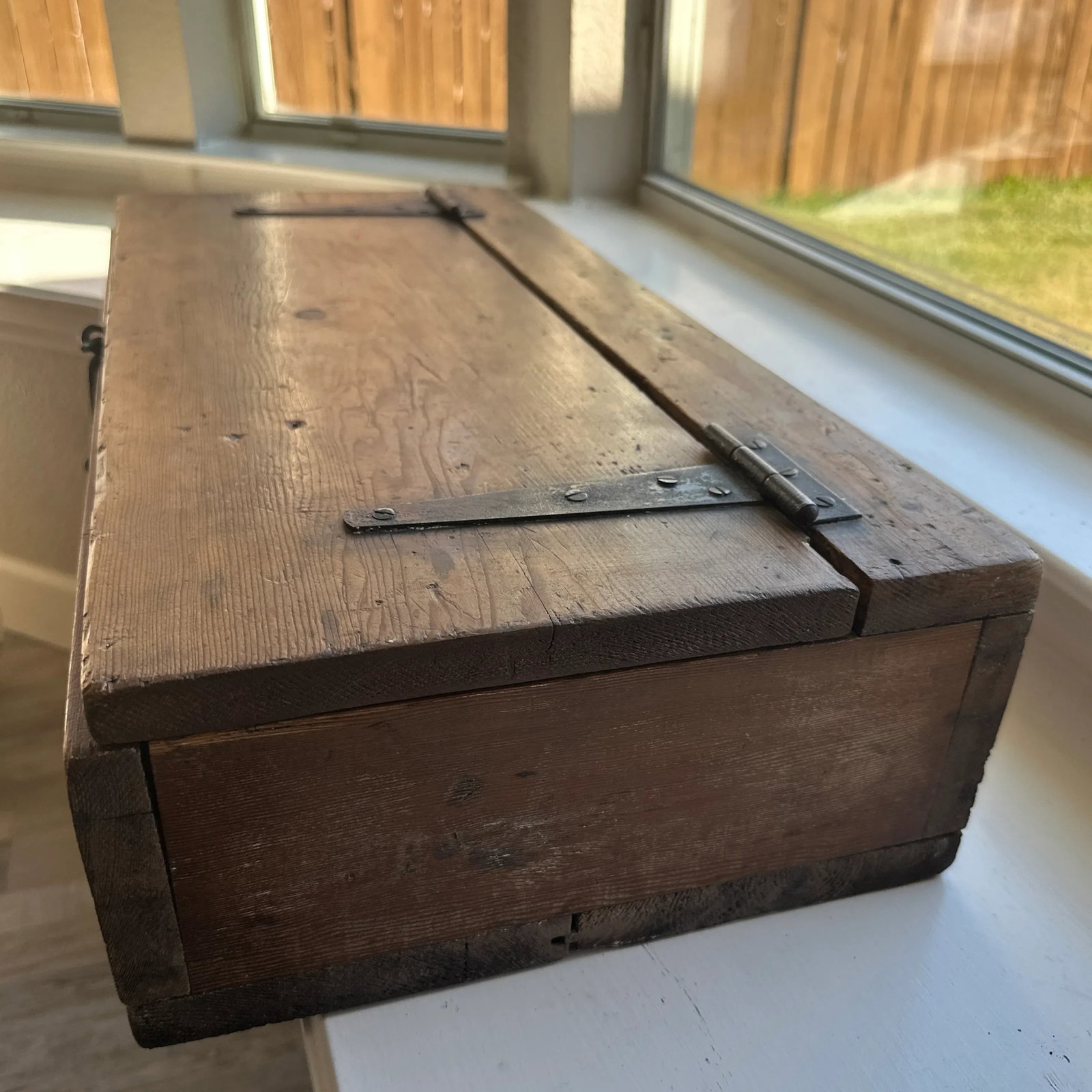 Stately Antique Wooden Box With Forged Iron Hinges - Solid 1'' Walls - 11