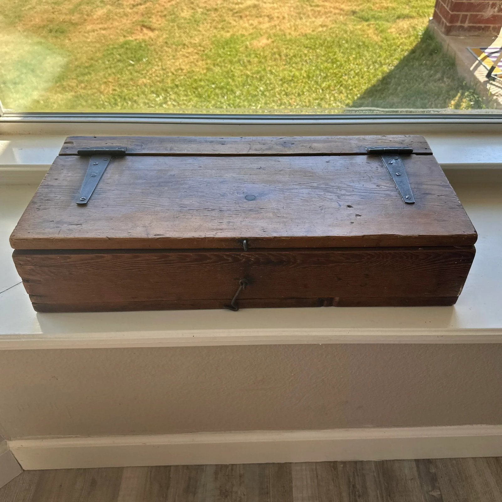 Stately Antique Wooden Box With Forged Iron Hinges - Solid 1'' Walls - 2