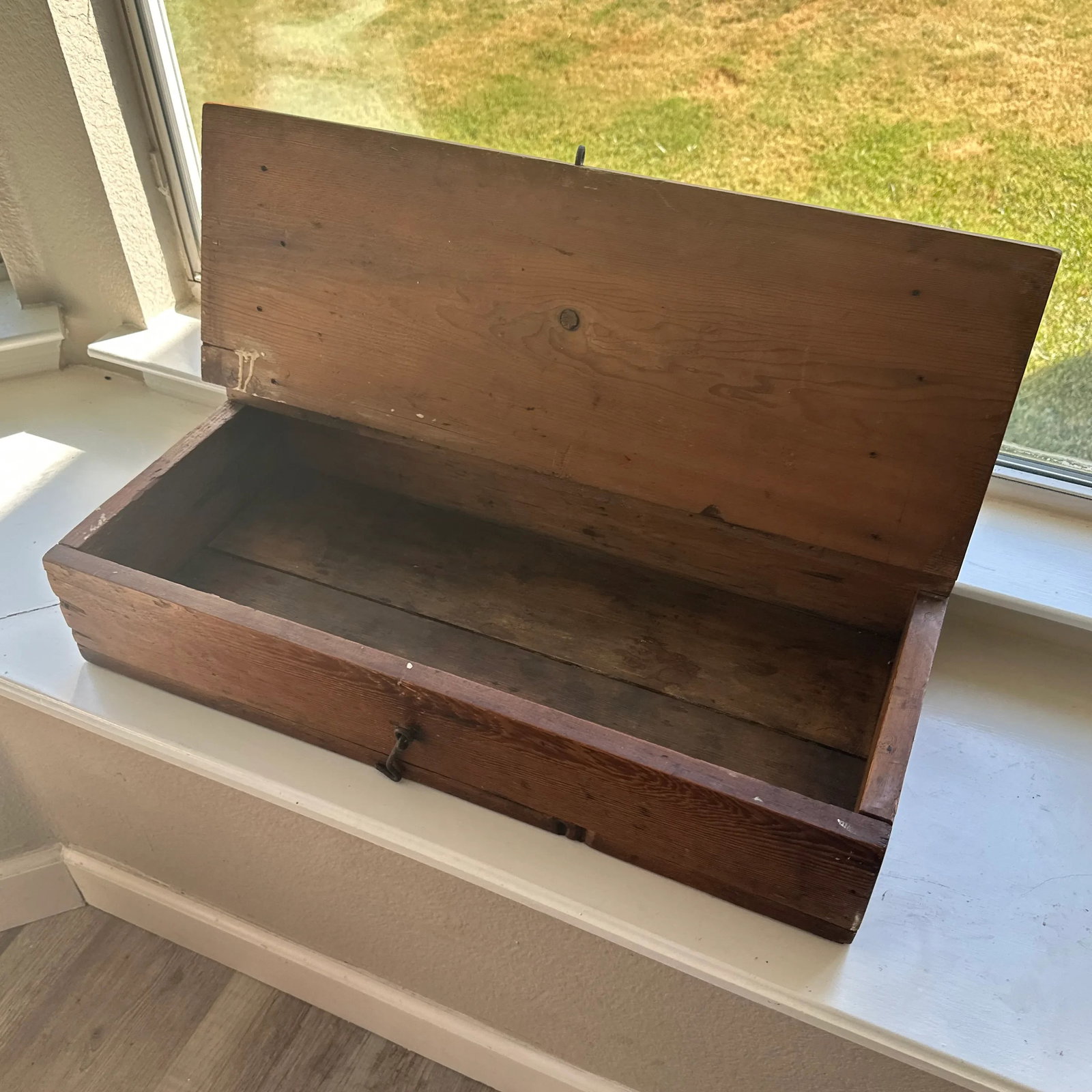 Stately Antique Wooden Box With Forged Iron Hinges - Solid 1'' Walls - 3