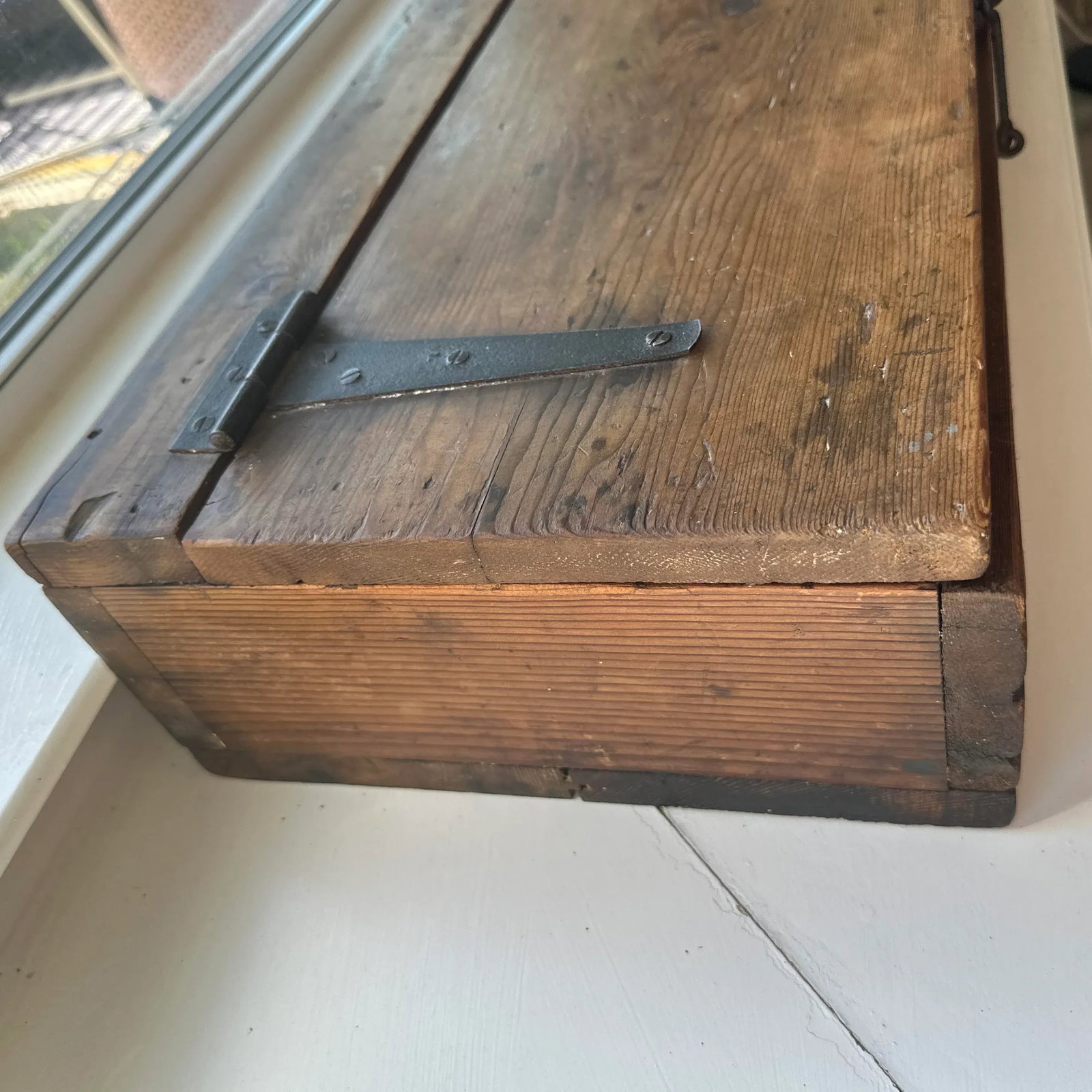 Stately Antique Wooden Box With Forged Iron Hinges - Solid 1'' Walls - 7