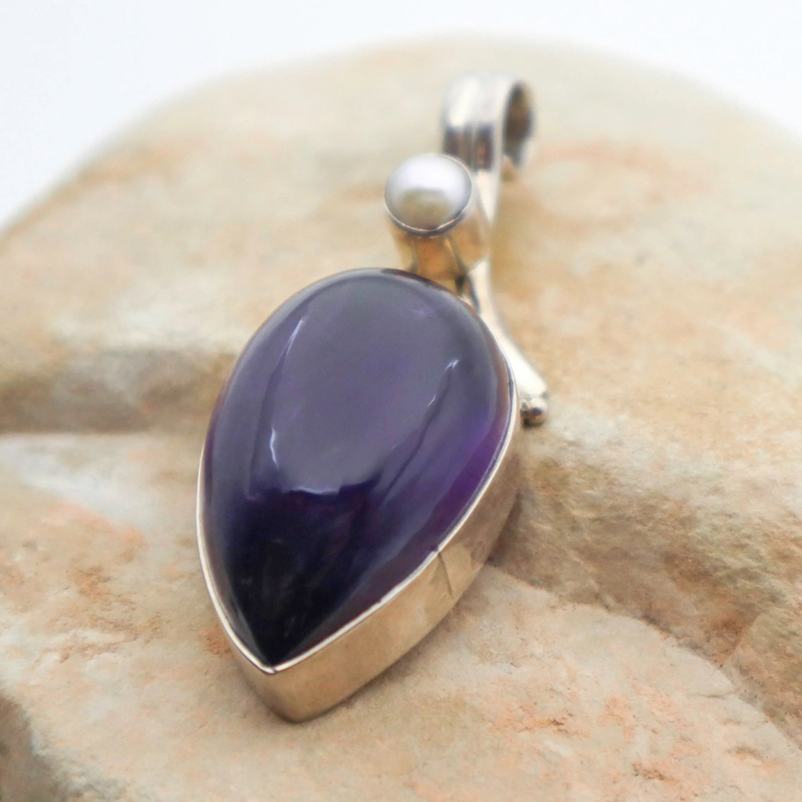Vintage Amethyst With Pearl Sterling Silver Pendant - 10