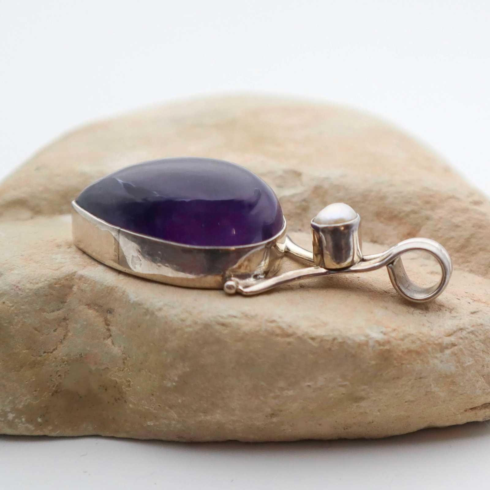Vintage Amethyst With Pearl Sterling Silver Pendant - 11