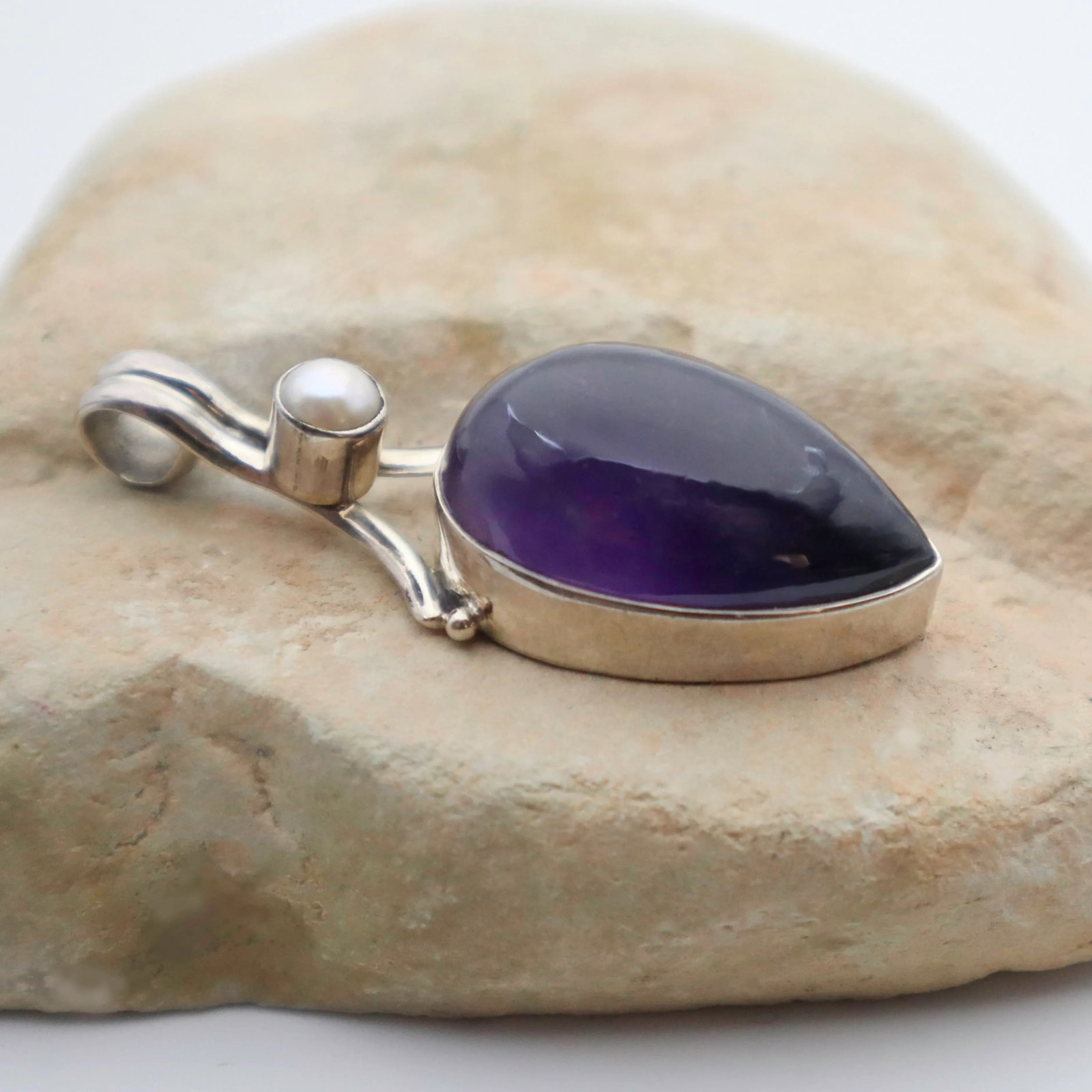 Vintage Amethyst With Pearl Sterling Silver Pendant - 13