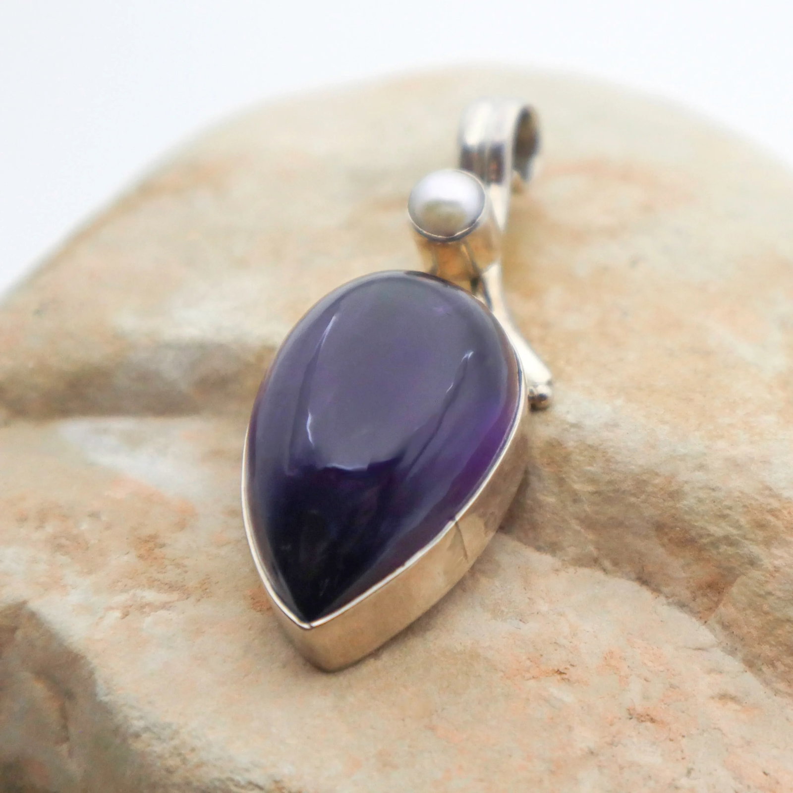 Vintage Amethyst With Pearl Sterling Silver Pendant - 3