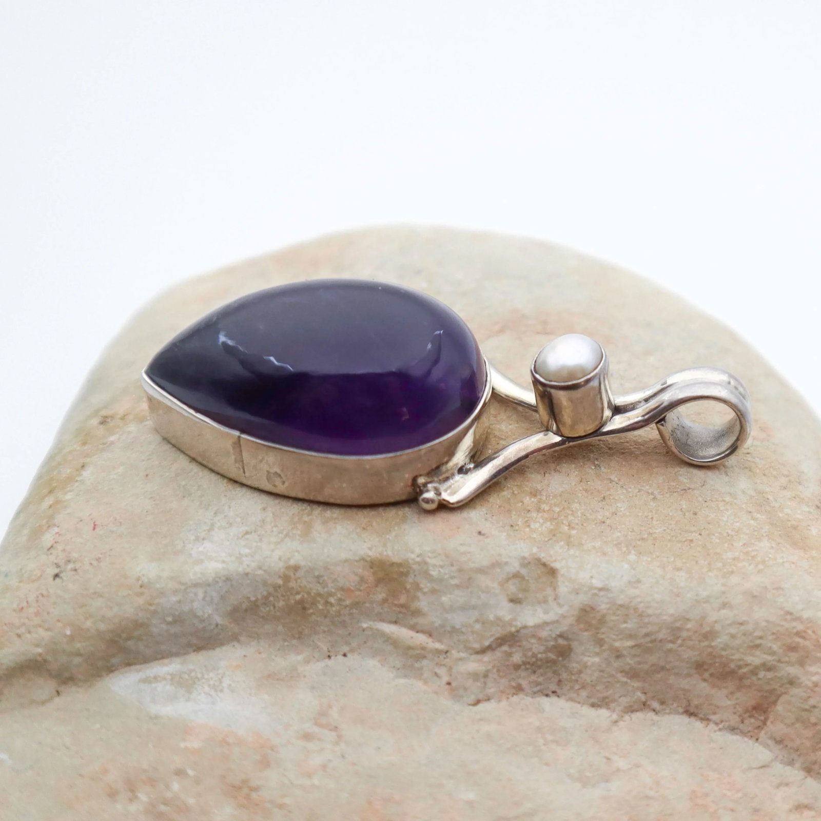 Vintage Amethyst With Pearl Sterling Silver Pendant - 4