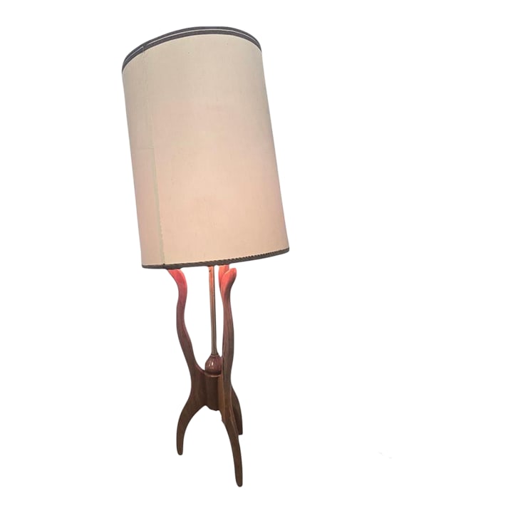 Vintage Mid-Century Modern Walnut Tripod Floor Lamp W/ Drum Shade 1950s-60s: Description: Bring classic mid-century style into your home with this vintage floor lamp, dating from the late 1950s to early 1960s. Design: Features a sculpted walnut tripod base with elegant, organi