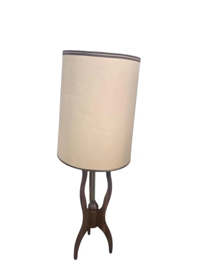 Vintage Mid-Century Modern Walnut Tripod Floor Lamp W/ Drum Shade 1950s-60s - 3