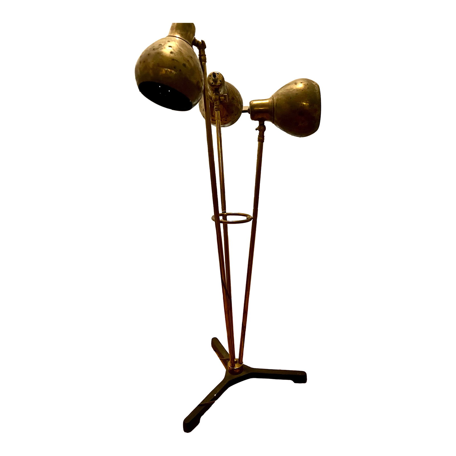 1950s Mid-Century Industrial Tripod Floor Lamp by Goodlite Co., Forest Park Il - 3 Adjustable Brass: Rare vintage industrial floor lamp manufactured by Goodlite Co., Forest Park, Illinois in the 1940s-1950s. This striking piece features three adjustable brass spotlight heads mounted on a sturdy cast 
