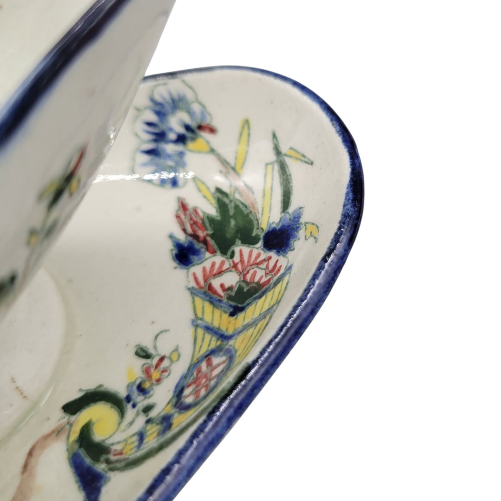19th Century Faience De Gien French Hand Painted Earthenware Sauce Boat With Attached Underplate and - 10