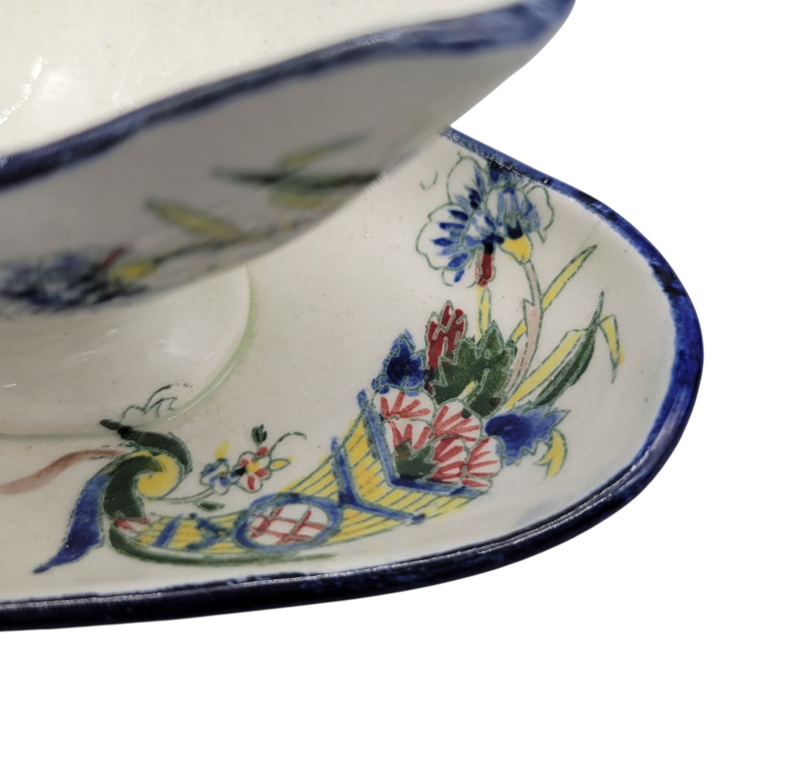 19th Century Faience De Gien French Hand Painted Earthenware Sauce Boat With Attached Underplate and - 11