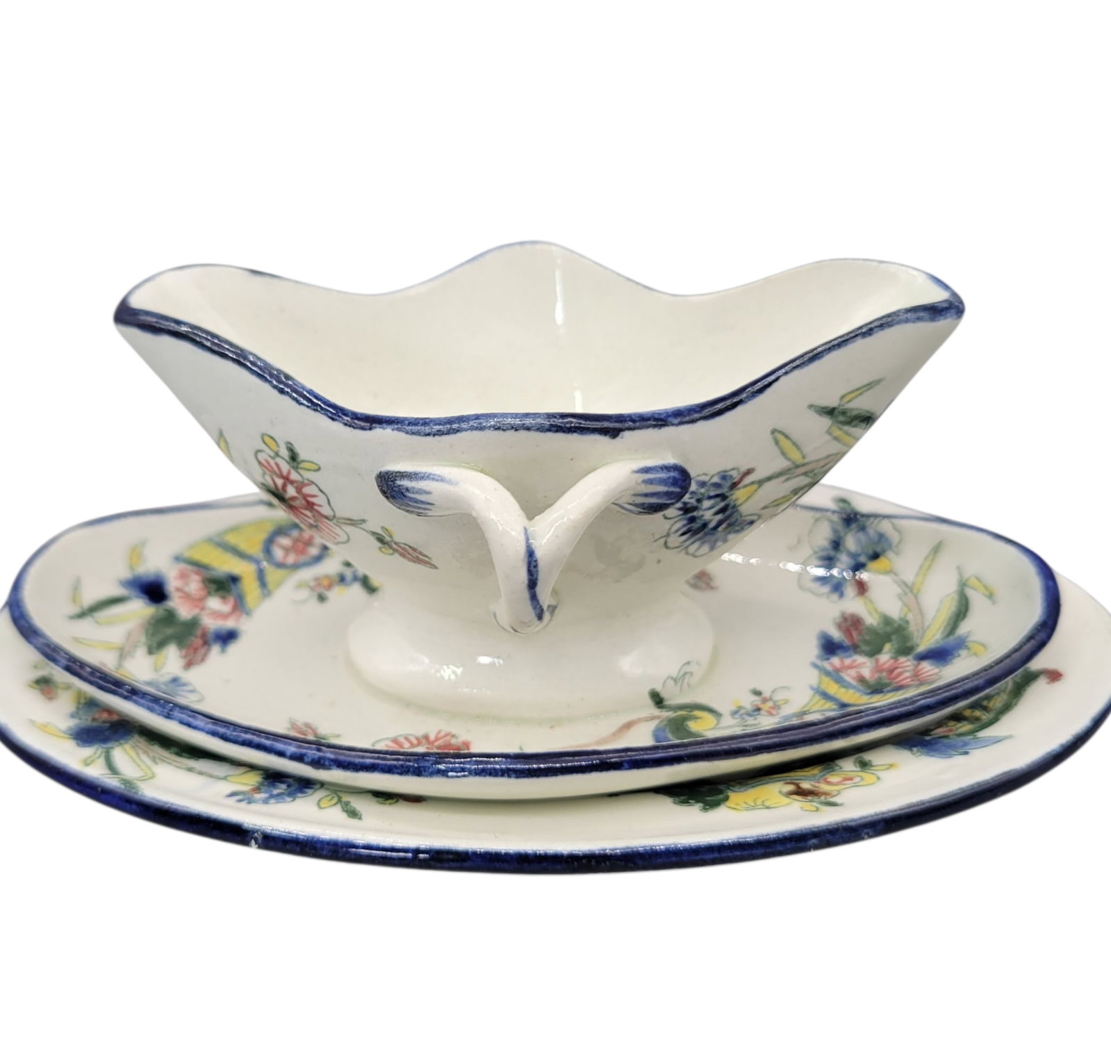 19th Century Faience De Gien French Hand Painted Earthenware Sauce Boat With Attached Underplate and - 12