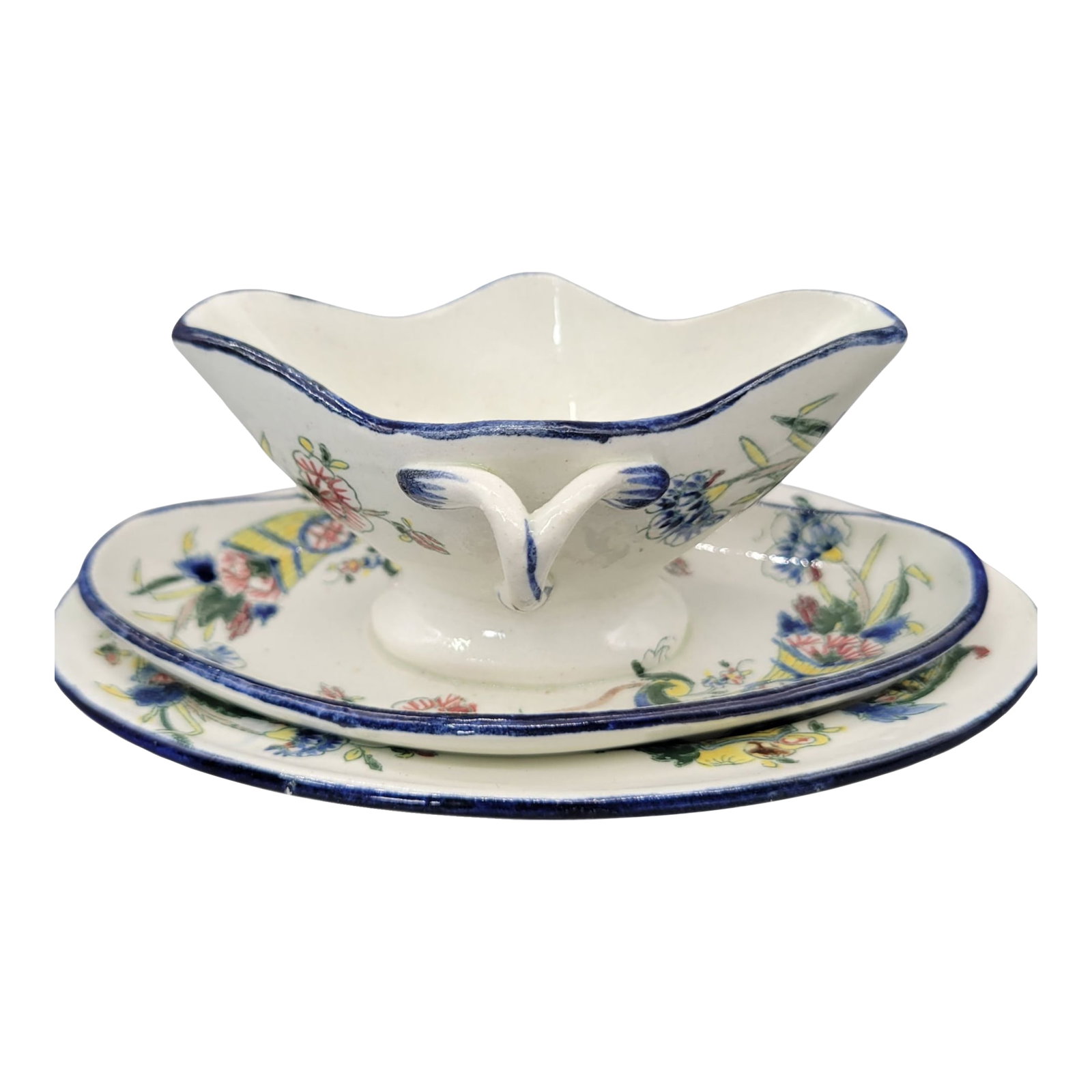 19th Century Faience De Gien French Hand Painted Earthenware Sauce Boat With Attached Underplate and: 19th Century Faience de Gien Tiny Sauce Boat and Underplate with Additional Oval Dish. Each Dainty Piece Features Hand Painted Cornucopia Rouen Horn D'Abondance Decor. Faience de Gien is a type of