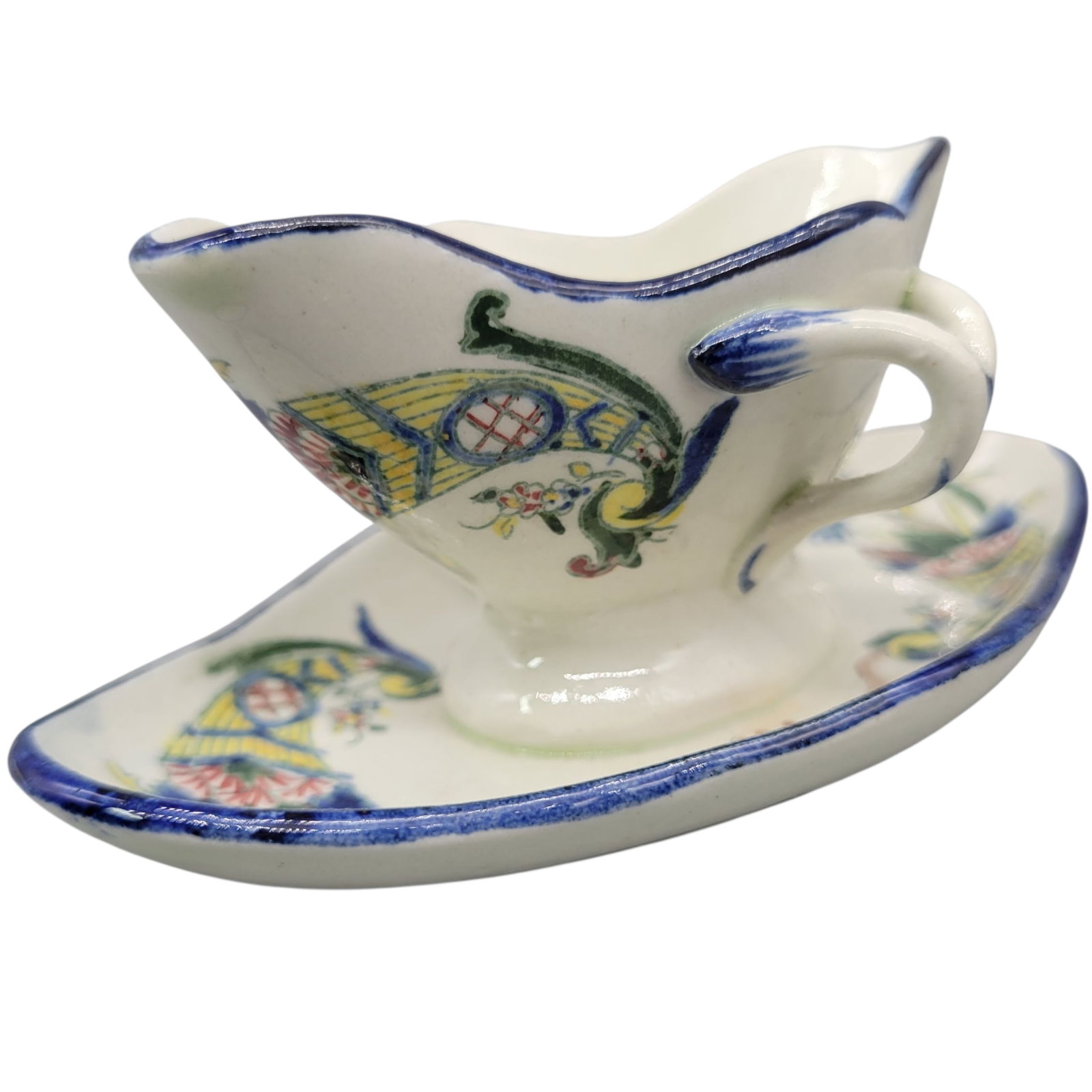19th Century Faience De Gien French Hand Painted Earthenware Sauce Boat With Attached Underplate and - 2