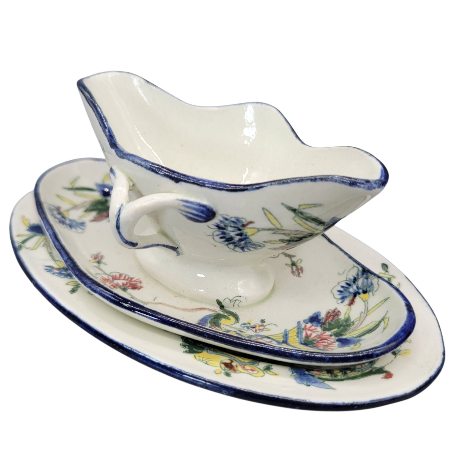 19th Century Faience De Gien French Hand Painted Earthenware Sauce Boat With Attached Underplate and - 4