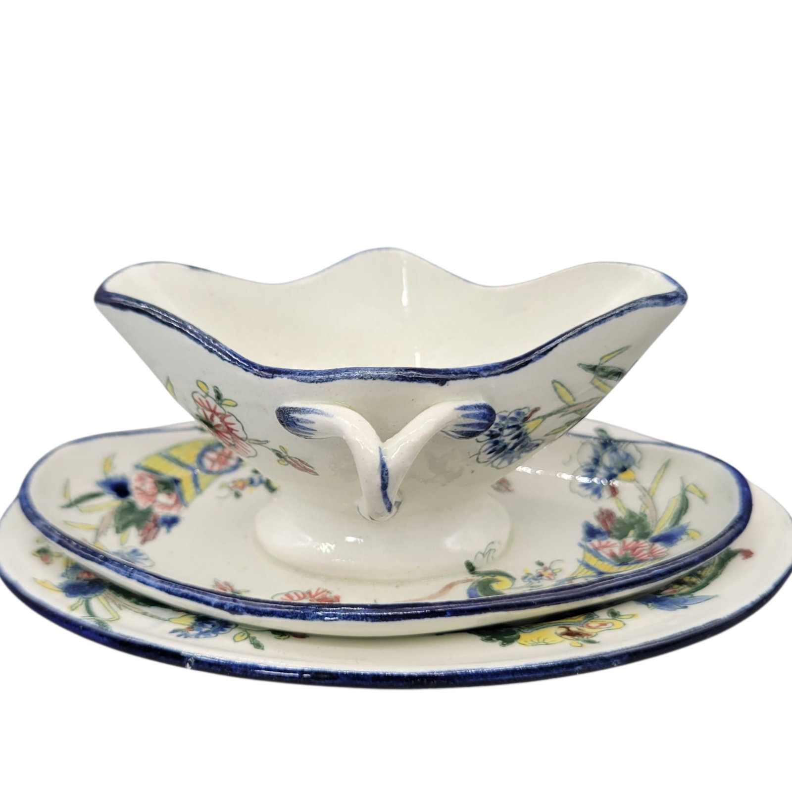 19th Century Faience De Gien French Hand Painted Earthenware Sauce Boat With Attached Underplate and - 6