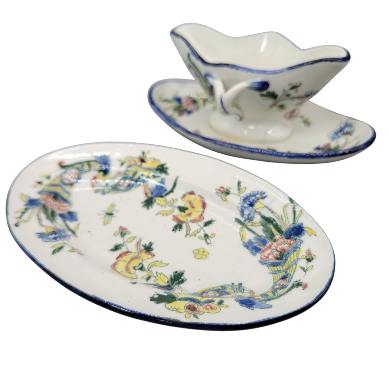 19th Century Faience De Gien French Hand Painted Earthenware Sauce Boat With Attached Underplate and - 7